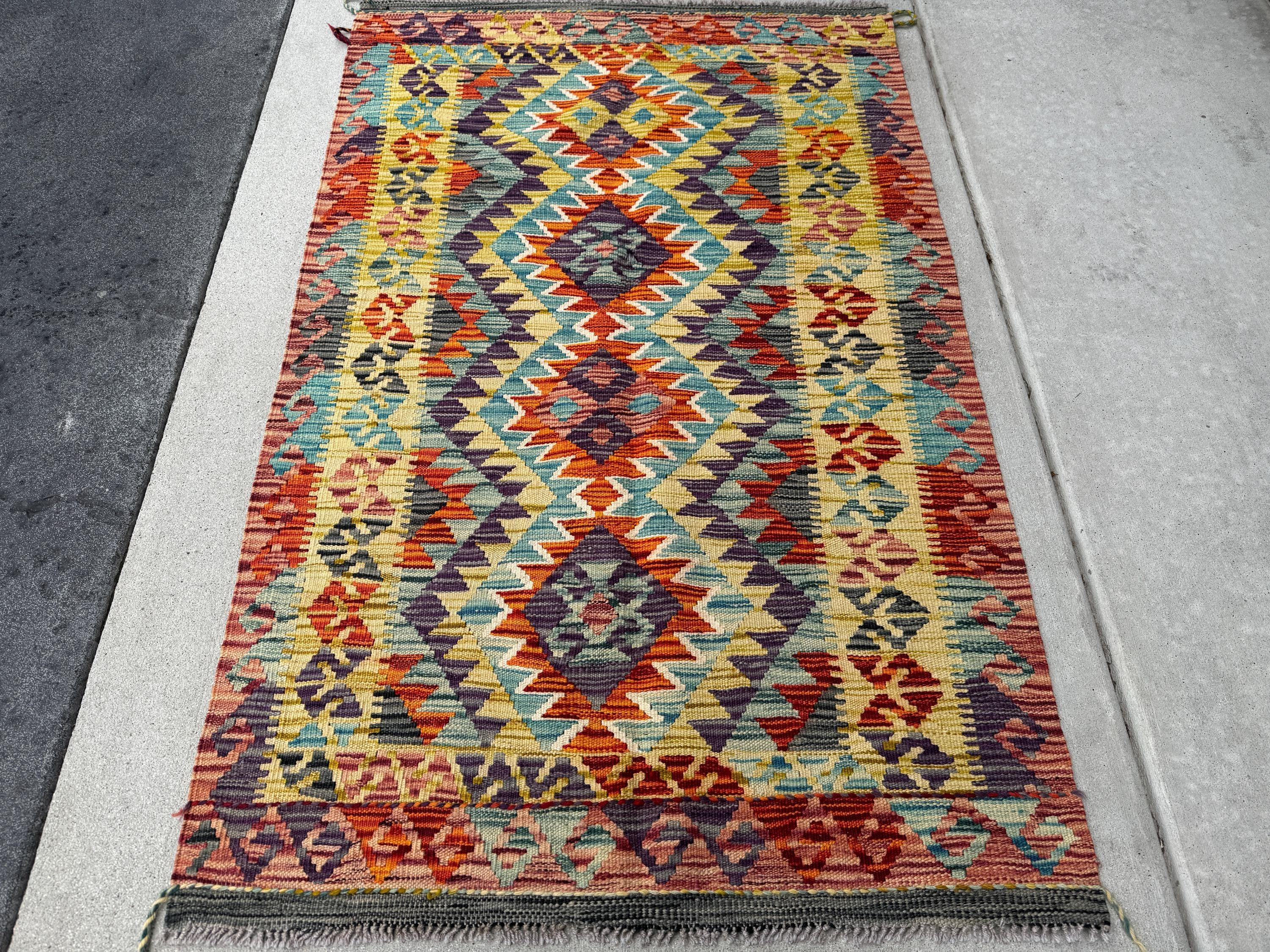 3x5 (91x152) Handmade Afghan Kilim Rug | Brick Garnet Scarlet Red Burnt Orange Yellow Saffron Denim Teal Aqua Blue Purple Grey | Wool