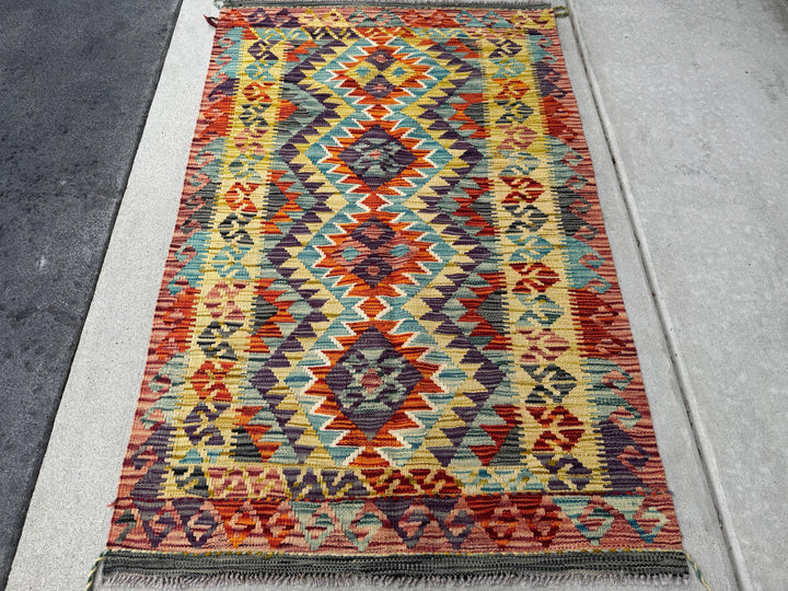 3x5 (91x152) Handmade Afghan Kilim Rug | Brick Garnet Scarlet Red Burnt Orange Yellow Saffron Denim Teal Aqua Blue Purple Grey | Wool