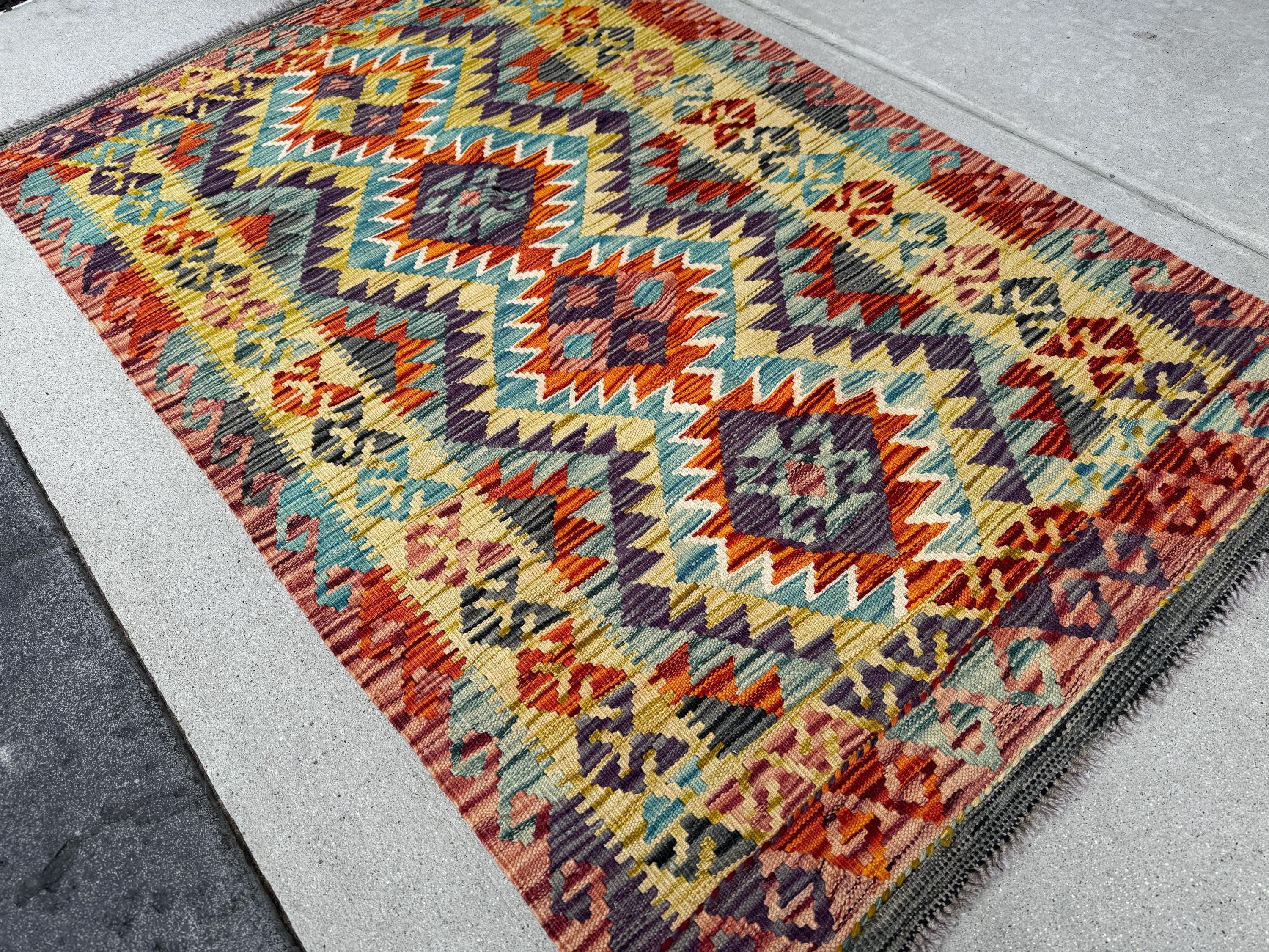 3x5 (91x152) Handmade Afghan Kilim Rug | Brick Garnet Scarlet Red Burnt Orange Yellow Saffron Denim Teal Aqua Blue Purple Grey | Wool