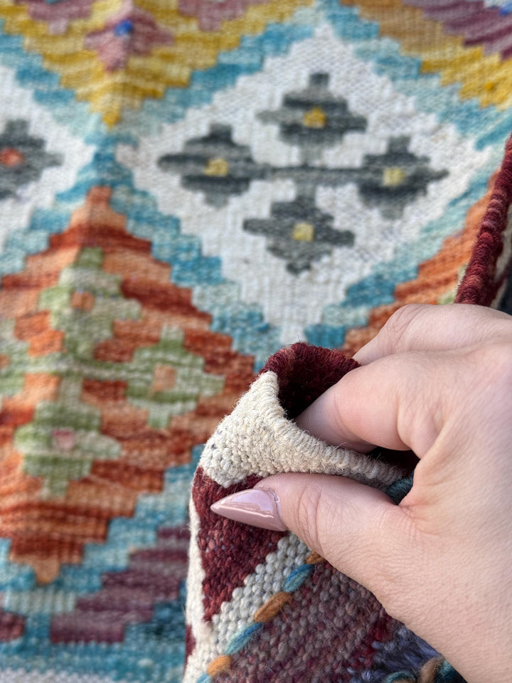 2x5 (60x152) Handmade Afghan Kilim Runner Rug | Wine Garnet Red Orange Pine Lime Moss Green Cream Denim Aqua Blue Purple Mustard Yellow