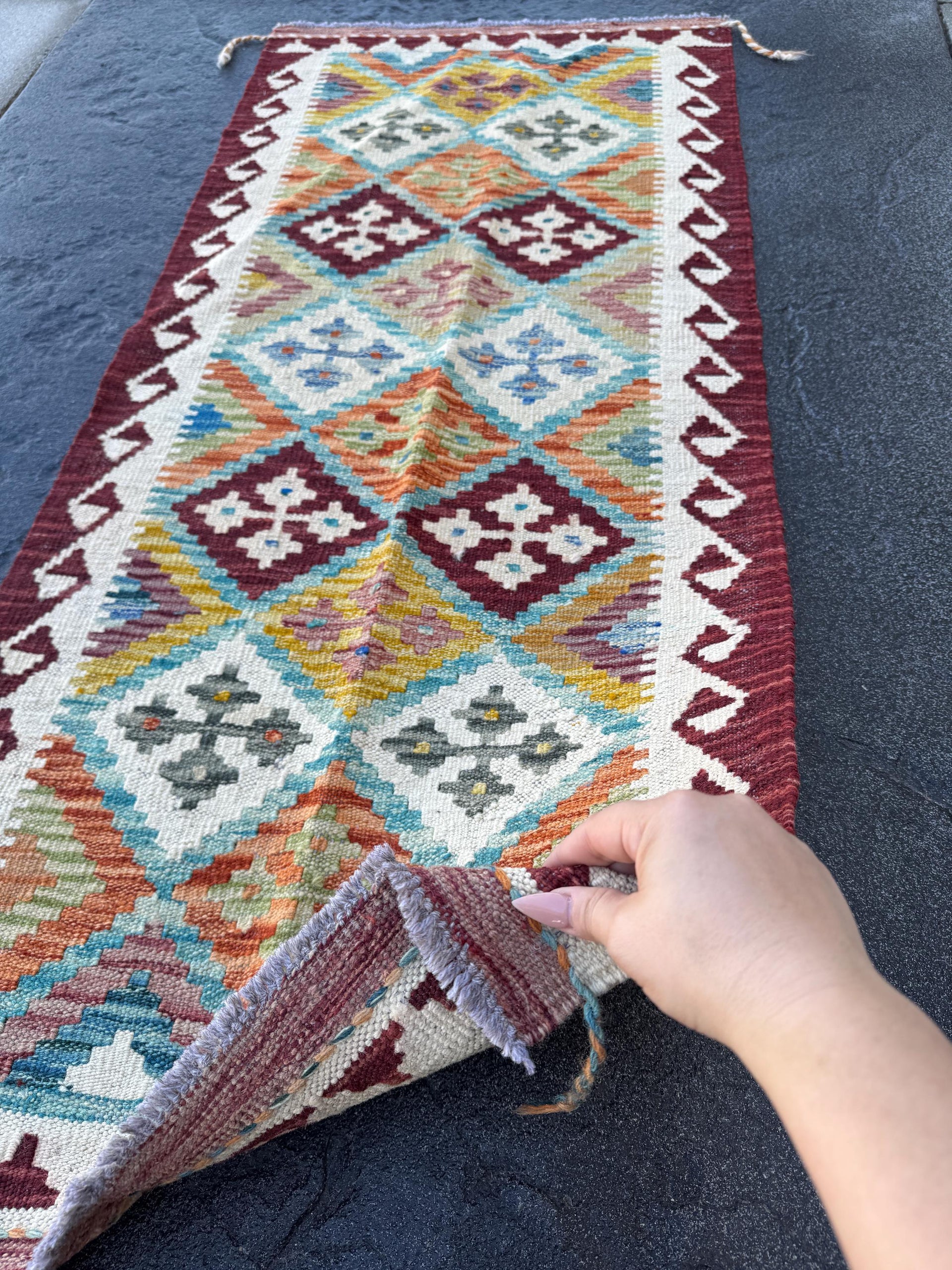 2x5 (60x152) Handmade Afghan Kilim Runner Rug | Wine Garnet Red Orange Pine Lime Moss Green Cream Denim Aqua Blue Purple Mustard Yellow