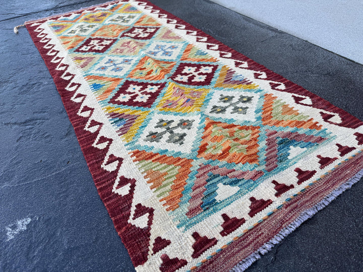 2x5 (60x152) Handmade Afghan Kilim Runner Rug | Wine Garnet Red Orange Pine Lime Moss Green Cream Denim Aqua Blue Purple Mustard Yellow