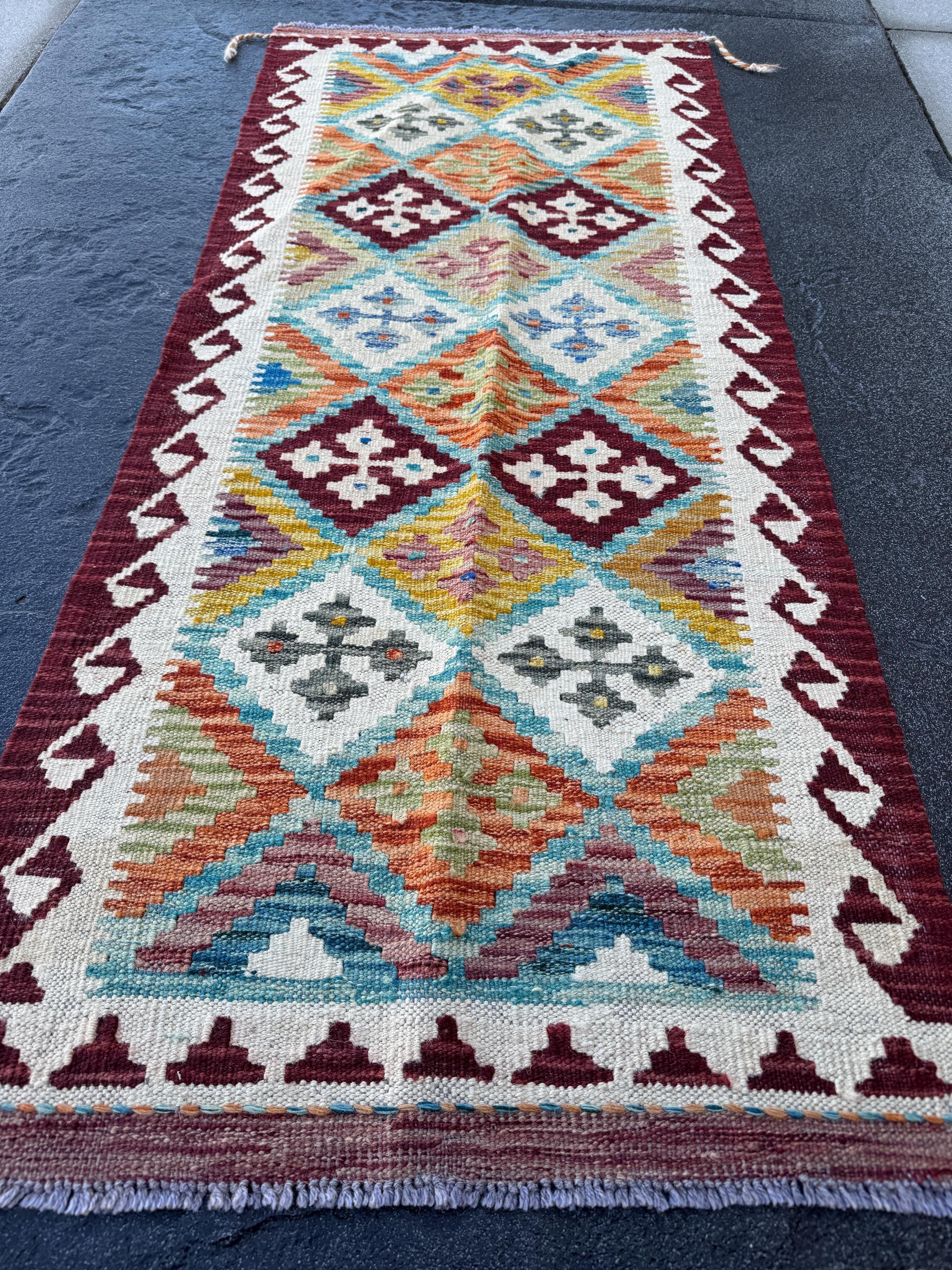 2x5 (60x152) Handmade Afghan Kilim Runner Rug | Wine Garnet Red Orange Pine Lime Moss Green Cream Denim Aqua Blue Purple Mustard Yellow