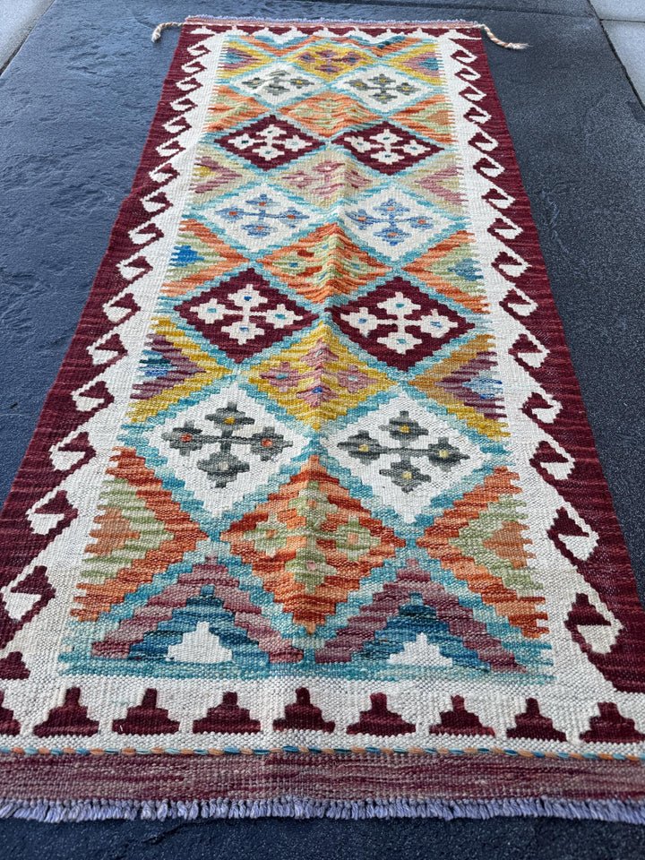 2x5 (60x152) Handmade Afghan Kilim Runner Rug | Wine Garnet Red Orange Pine Lime Moss Green Cream Denim Aqua Blue Purple Mustard Yellow