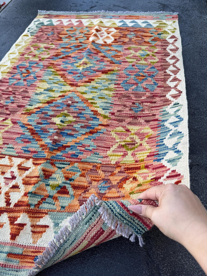 3x4 (91x121) Handmade Afghan Kilim Rug | Cream Teal Denim Blue Orange Brick Maroon Burgundy Garnet Red Moss Olive Green Mustard Yellow Wool