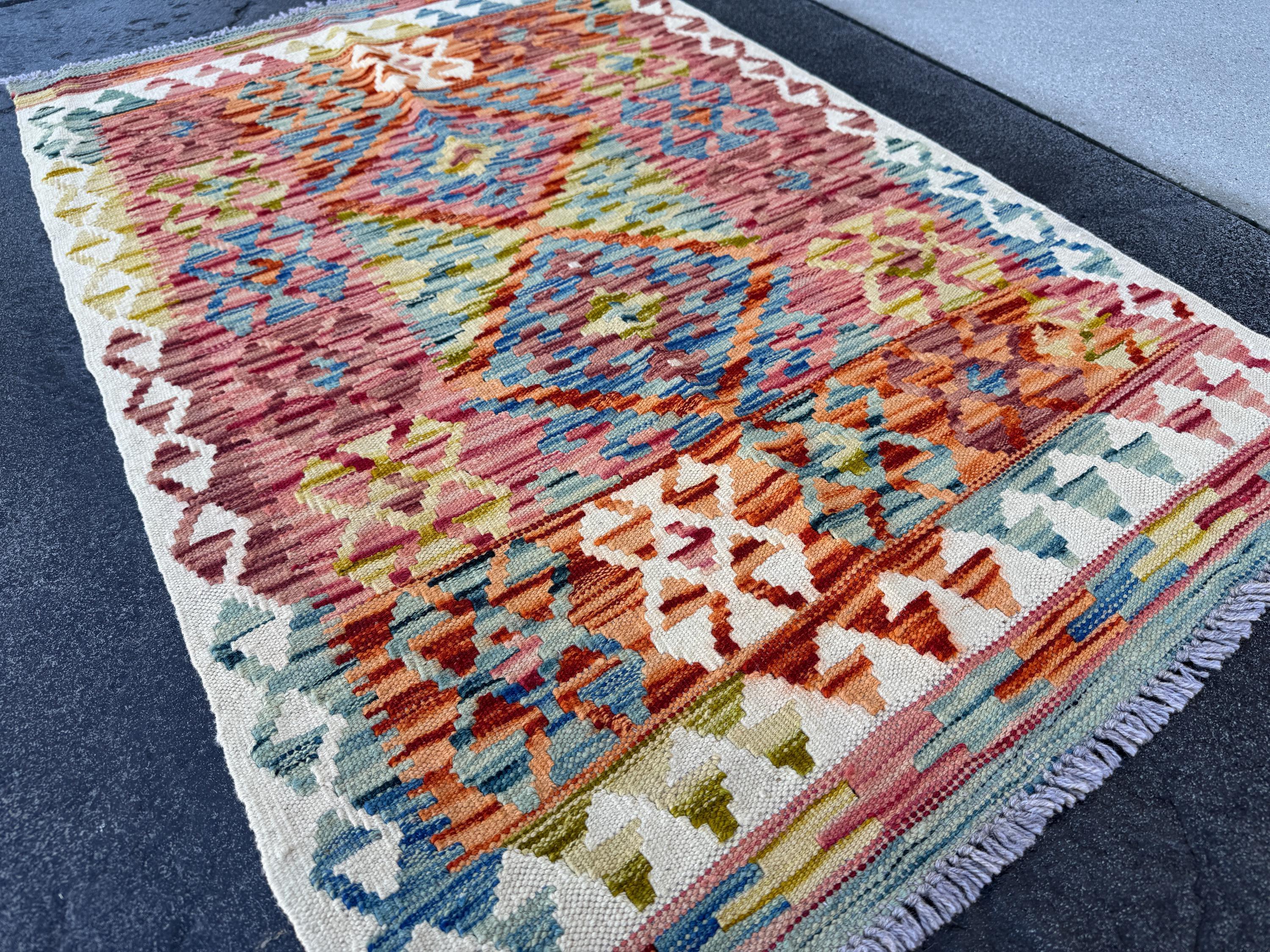 3x4 (91x121) Handmade Afghan Kilim Rug | Cream Teal Denim Blue Orange Brick Maroon Burgundy Garnet Red Moss Olive Green Mustard Yellow Wool