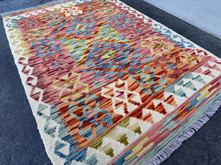 3x4 (91x121) Handmade Afghan Kilim Rug | Cream Teal Denim Blue Orange Brick Maroon Burgundy Garnet Red Moss Olive Green Mustard Yellow Wool