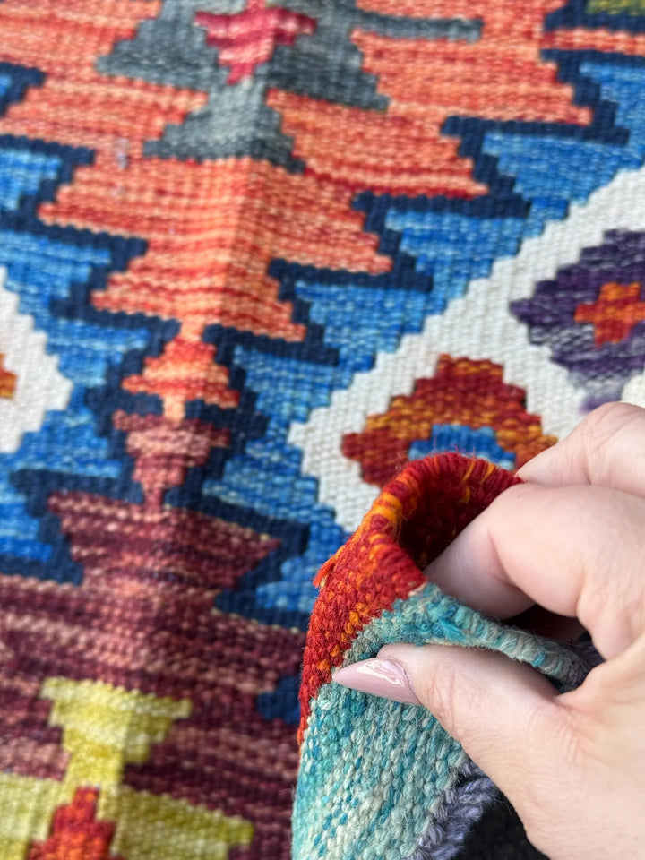 2x5 Handmade Afghan Kilim Runner Rug | Denim Aqua Navy Blue Olive Moss Forest Green Orange Grey Cream White Burgundy Maroon Crimson Red Teal