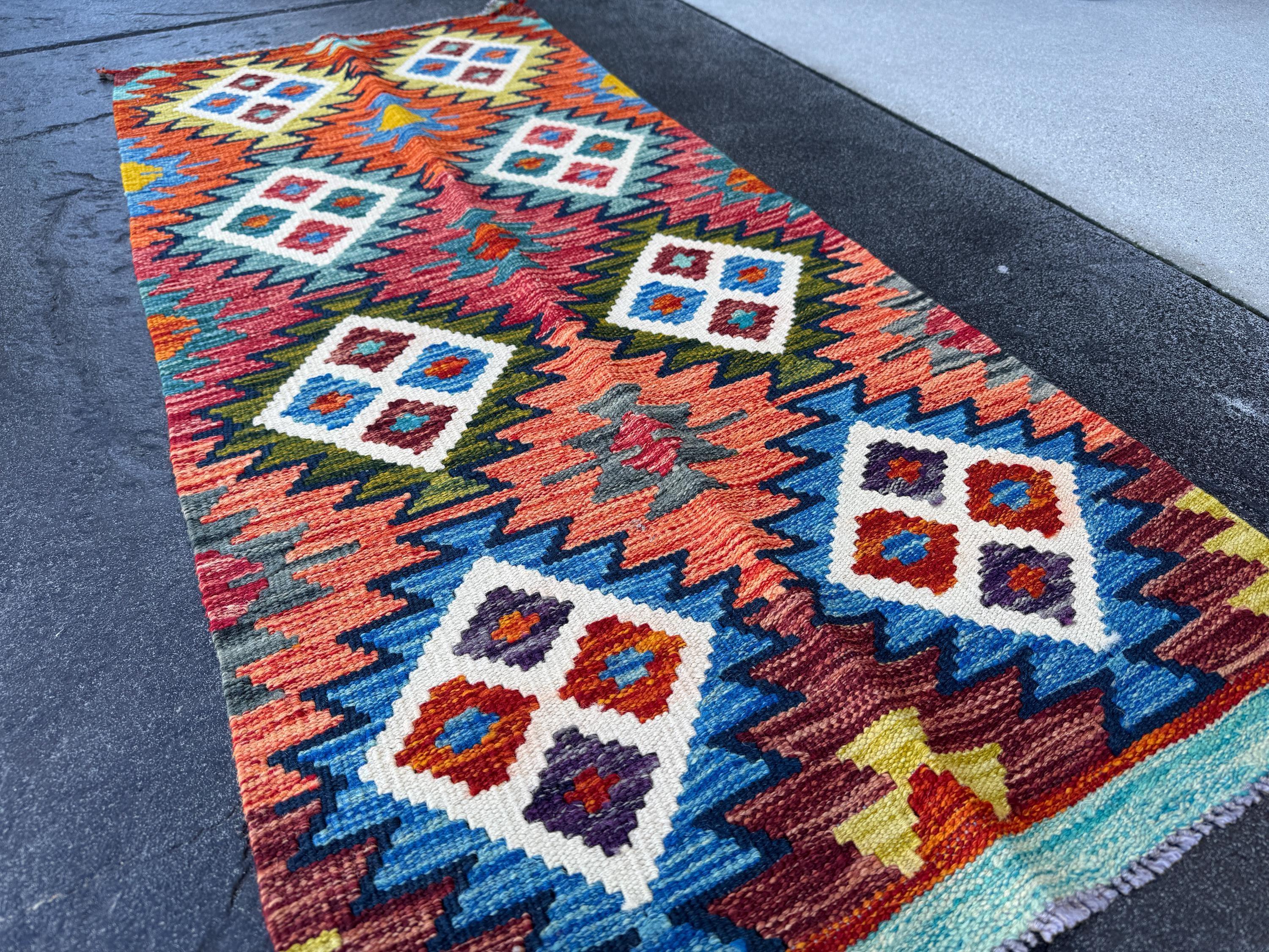 2x5 Handmade Afghan Kilim Runner Rug | Denim Aqua Navy Blue Olive Moss Forest Green Orange Grey Cream White Burgundy Maroon Crimson Red Teal
