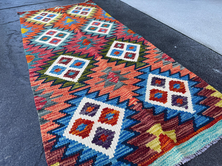 2x5 Handmade Afghan Kilim Runner Rug | Denim Aqua Navy Blue Olive Moss Forest Green Orange Grey Cream White Burgundy Maroon Crimson Red Teal