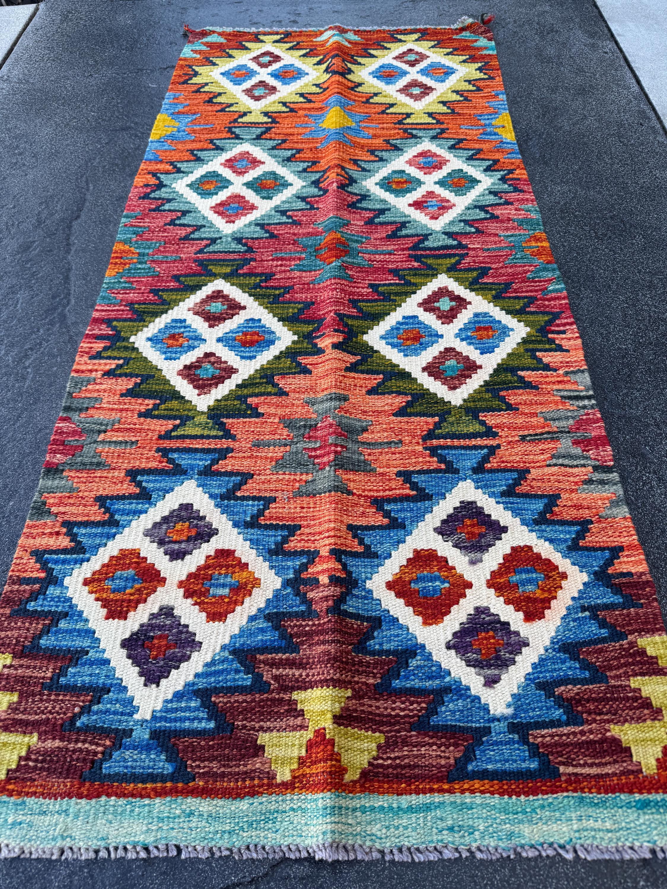 2x5 Handmade Afghan Kilim Runner Rug | Denim Aqua Navy Blue Olive Moss Forest Green Orange Grey Cream White Burgundy Maroon Crimson Red Teal