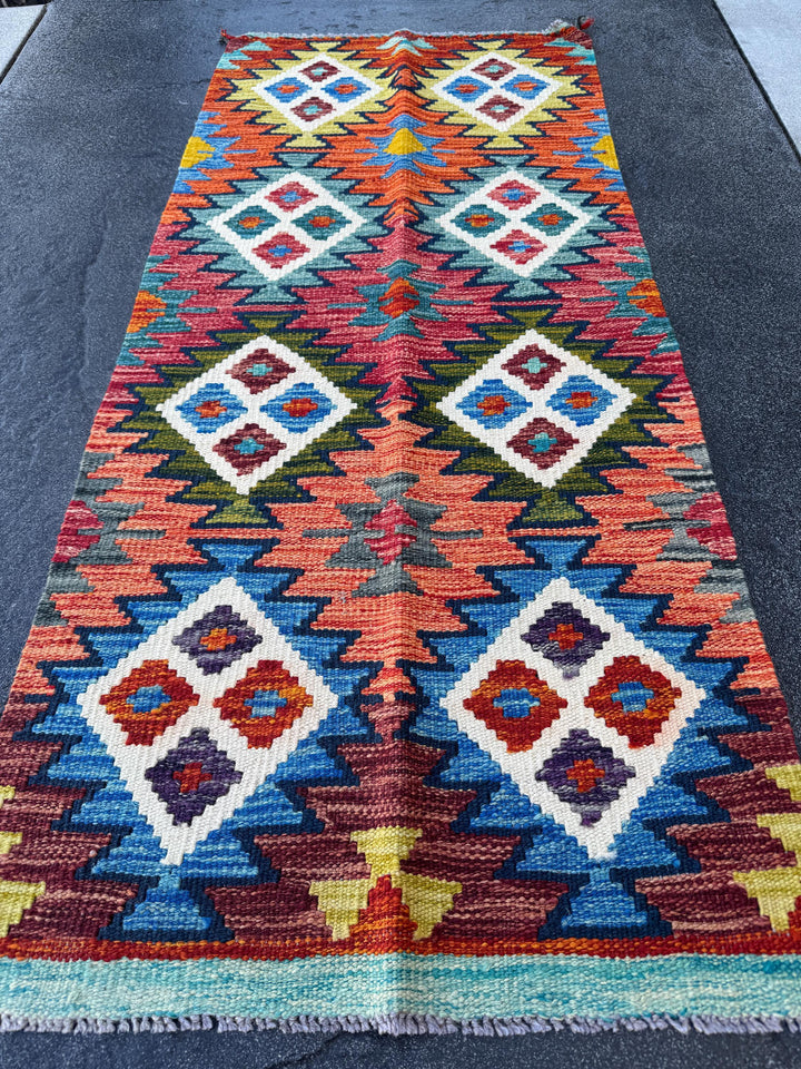 2x5 Handmade Afghan Kilim Runner Rug | Denim Aqua Navy Blue Olive Moss Forest Green Orange Grey Cream White Burgundy Maroon Crimson Red Teal