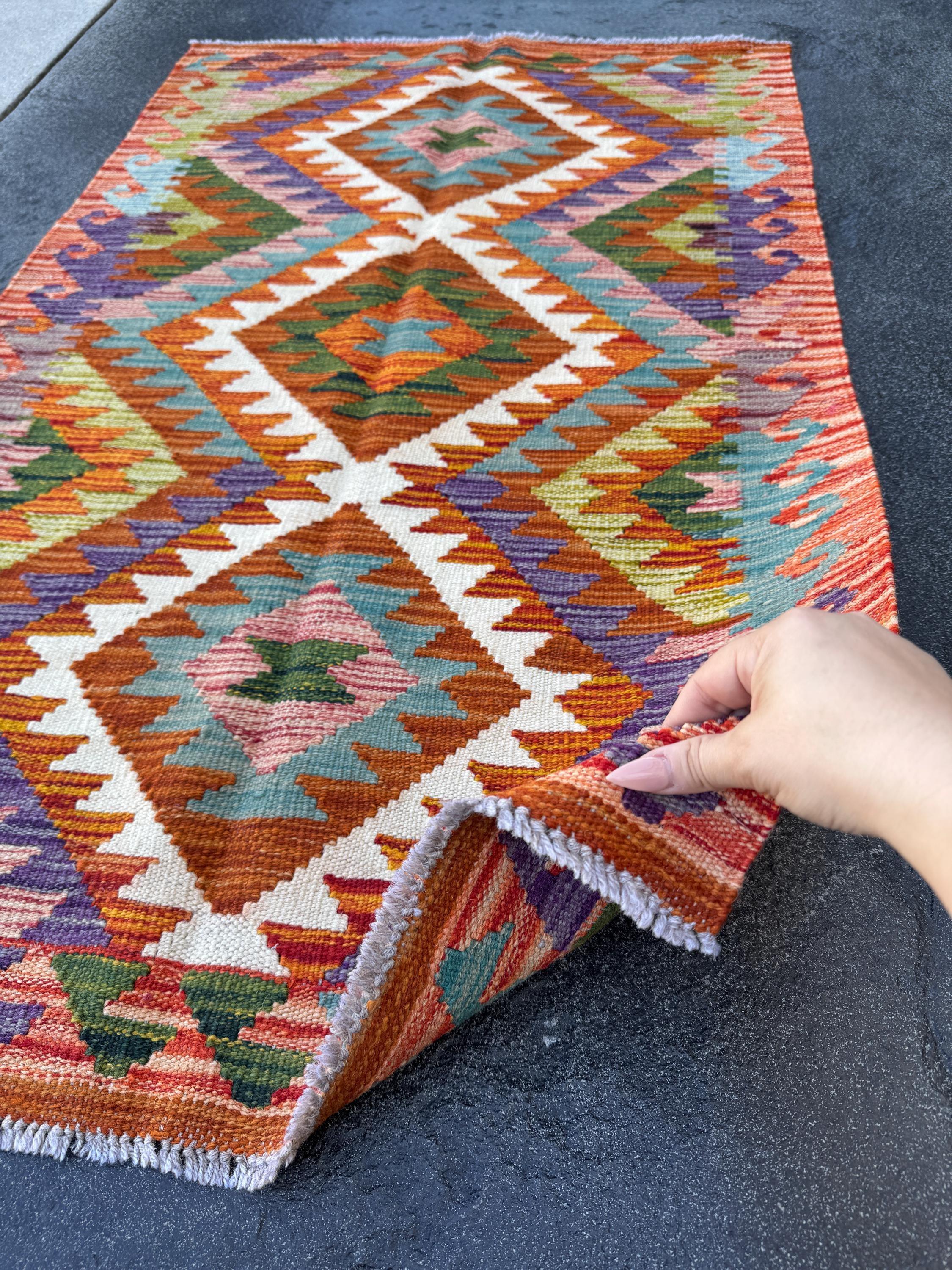 3x4 (91x121) Handmade Afghan Kilim Rug | Red Burnt Orange Eggplant Purple Chartreuse Moss Forest Olive Green Teal White Cream | Wool
