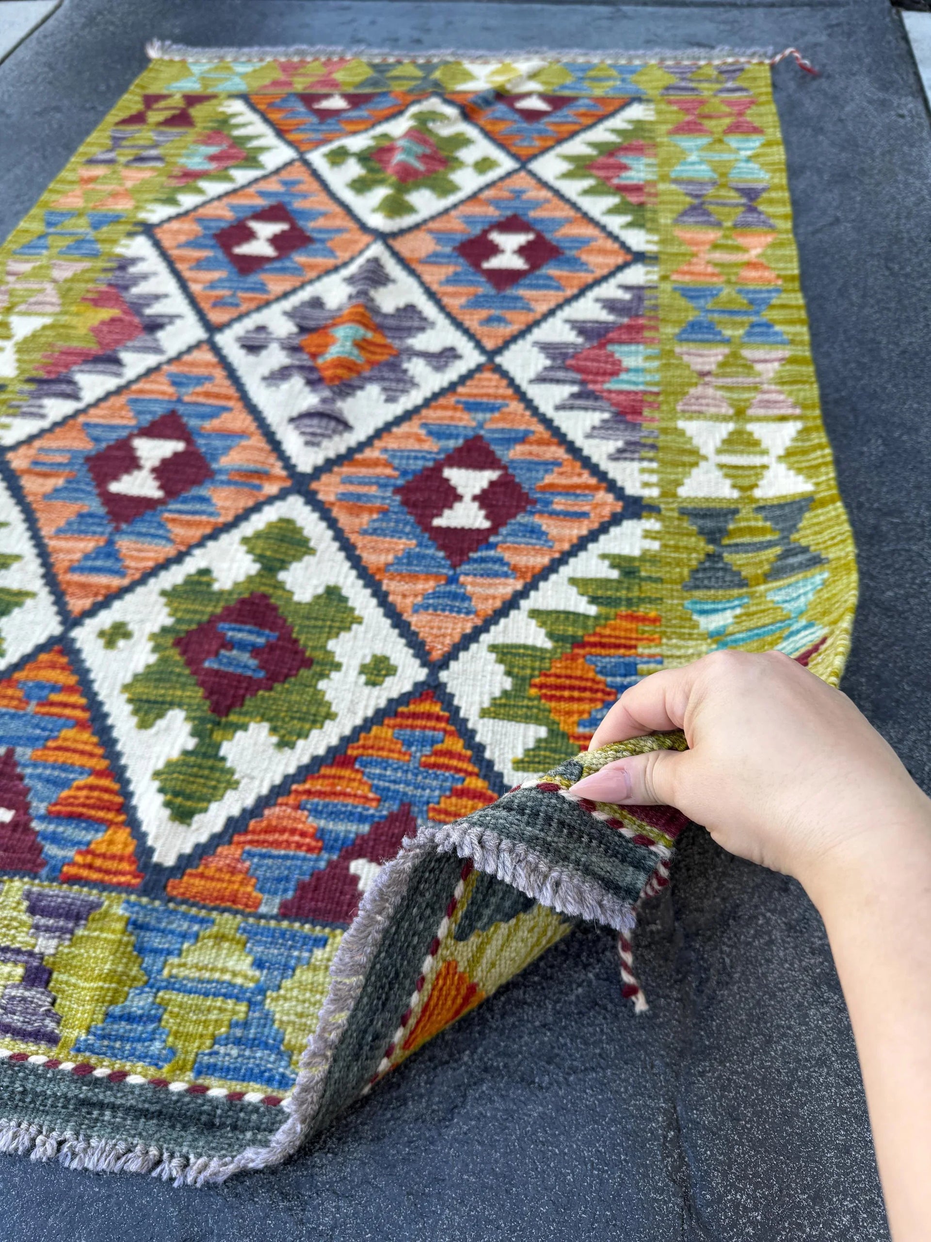 3x4 (91x121) Handmade Afghan Kilim Rug | Chartreuse Forest Moss Olive Green Orange Denim Aqua Blue White Cream Grey Black Red | Wool