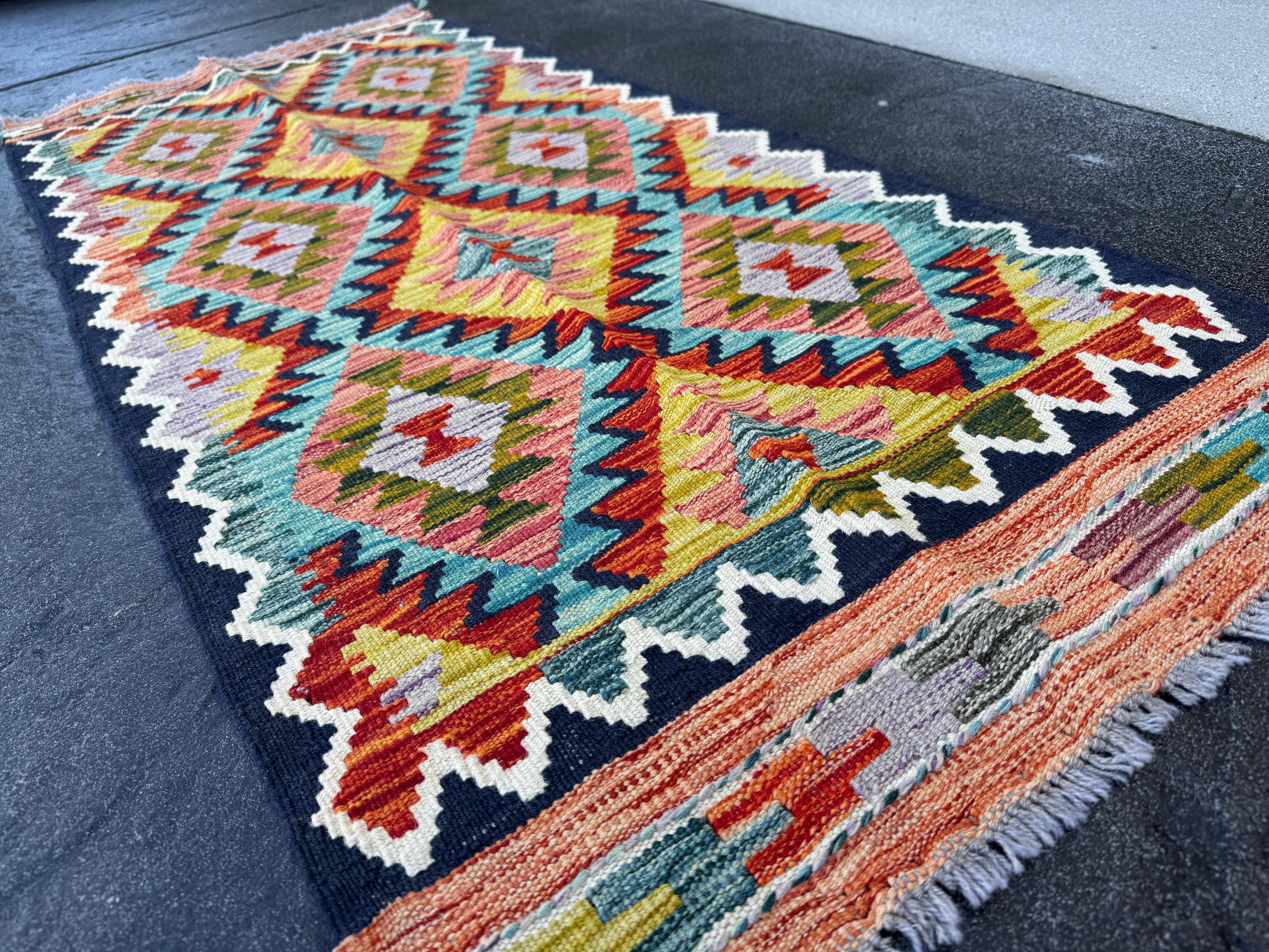 2x5 Handmade Afghan Kilim Runner Rug | Navy Midnight Aqua Teal Powder Blue Purple Maroon Grey Orange Mustard Yellow Olive Forest Green White