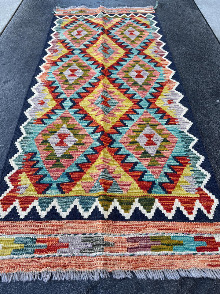 2x5 Handmade Afghan Kilim Runner Rug | Navy Midnight Aqua Teal Powder Blue Purple Maroon Grey Orange Mustard Yellow Olive Forest Green White