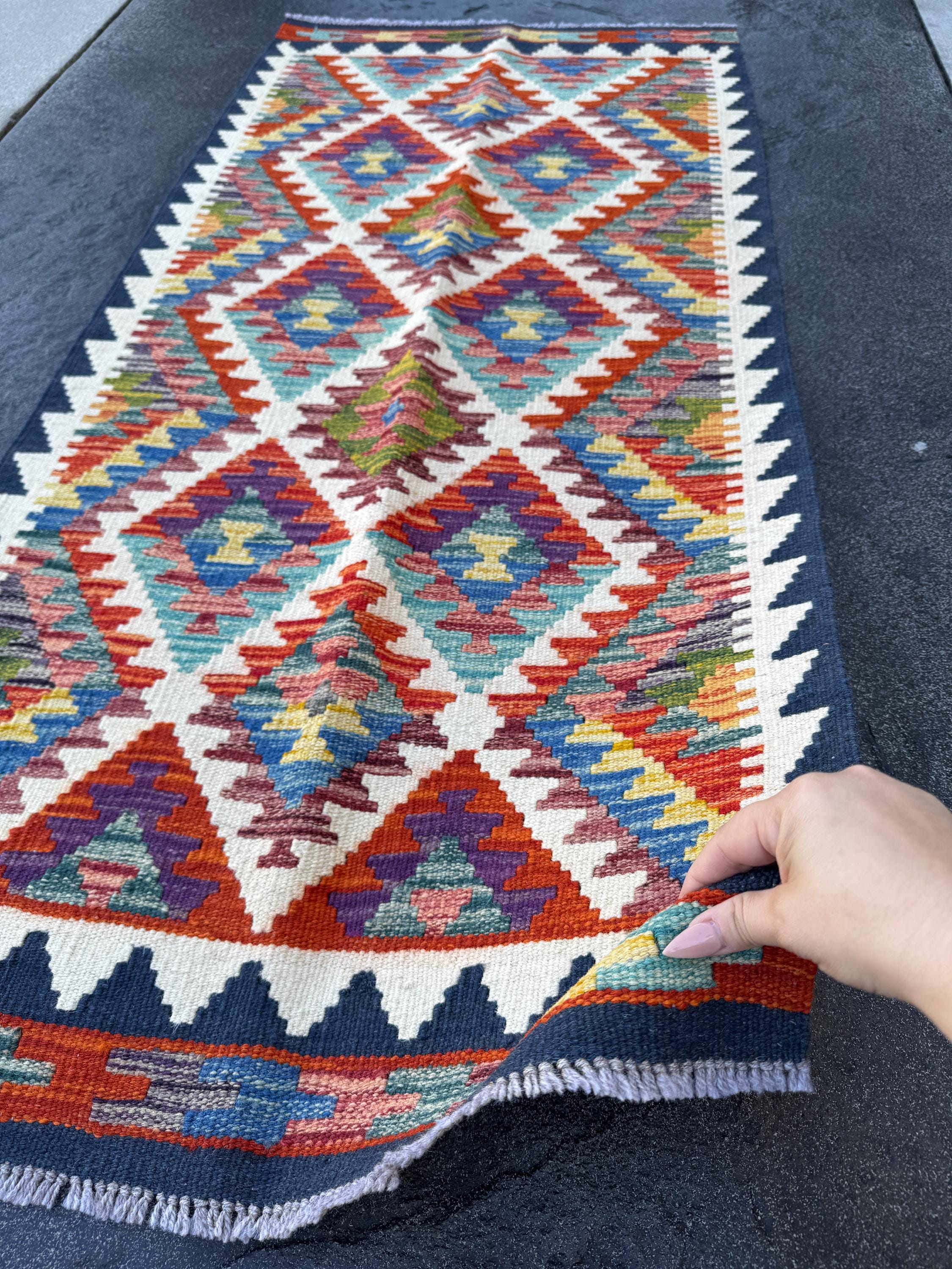 2x5 Handmade Afghan Kilim Runner Rug | Cream White Mustard Aqua Teal Sky Blue Denim Burnt Orange Brick Red Burgundy Lavender Navy