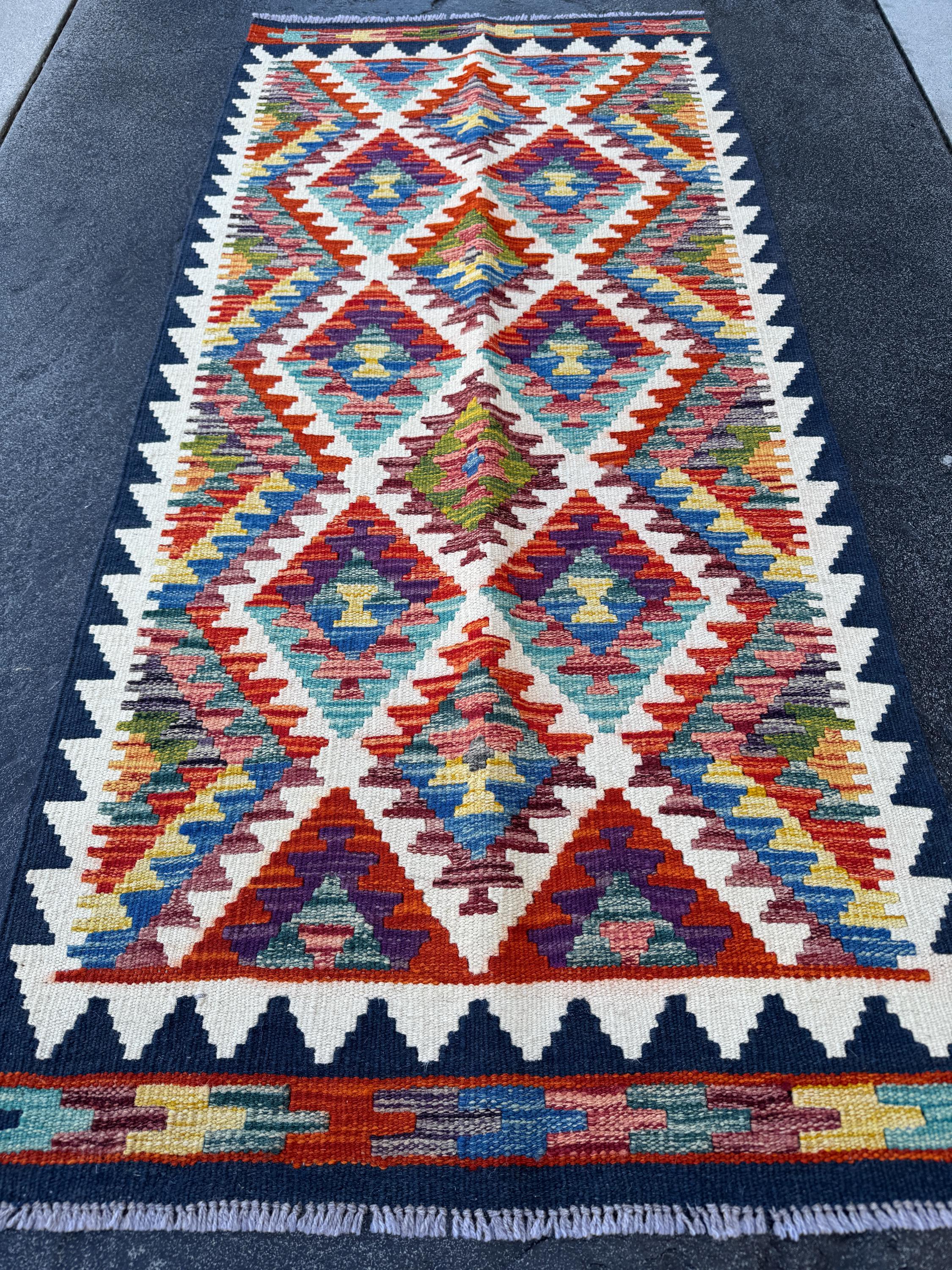 2x5 Handmade Afghan Kilim Runner Rug | Navy Midnight Denim Aqua Blue Orange Purple Gold Mustard Yellow Cream White Brick Red Teal Moss Green