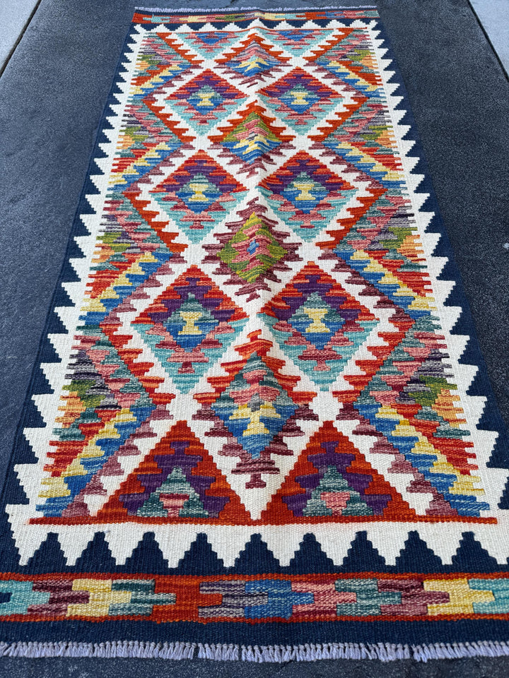 2x5 Handmade Afghan Kilim Runner Rug | Cream White Mustard Aqua Teal Sky Blue Denim Burnt Orange Brick Red Burgundy Lavender Navy