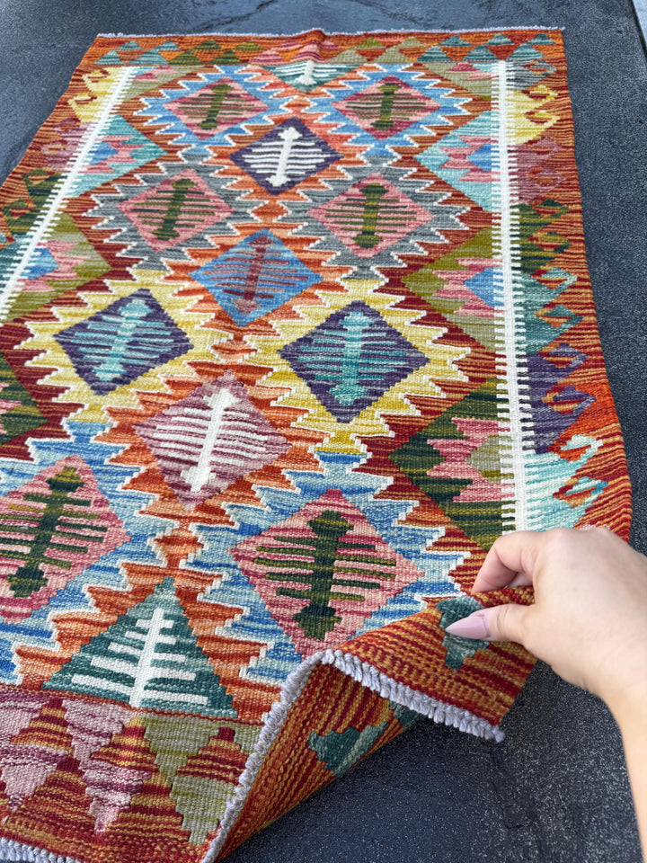 3x4 Handmade Afghan Kilim Rug | Burnt Orange Brick Auburn Red Olive Moss Army Forest Green Cream Teal Yellow Denim Baby Aqua Blue Purple
