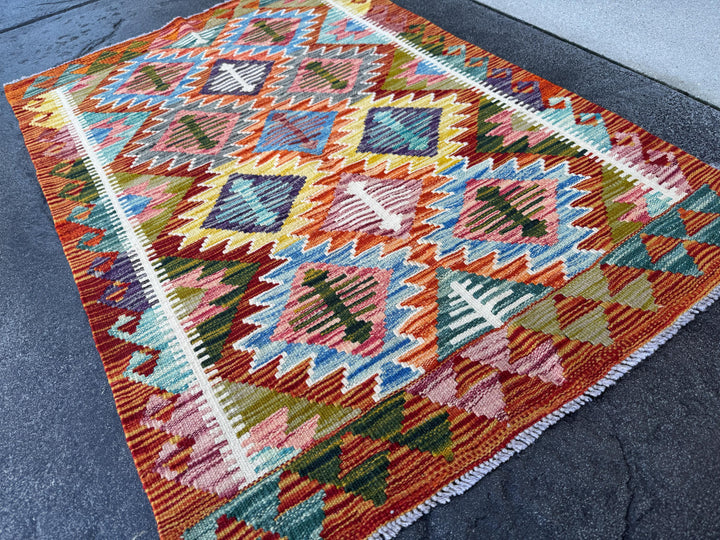 3x4 Handmade Afghan Kilim Rug | Burnt Orange Brick Auburn Red Olive Moss Army Forest Green Cream Teal Yellow Denim Baby Aqua Blue Purple