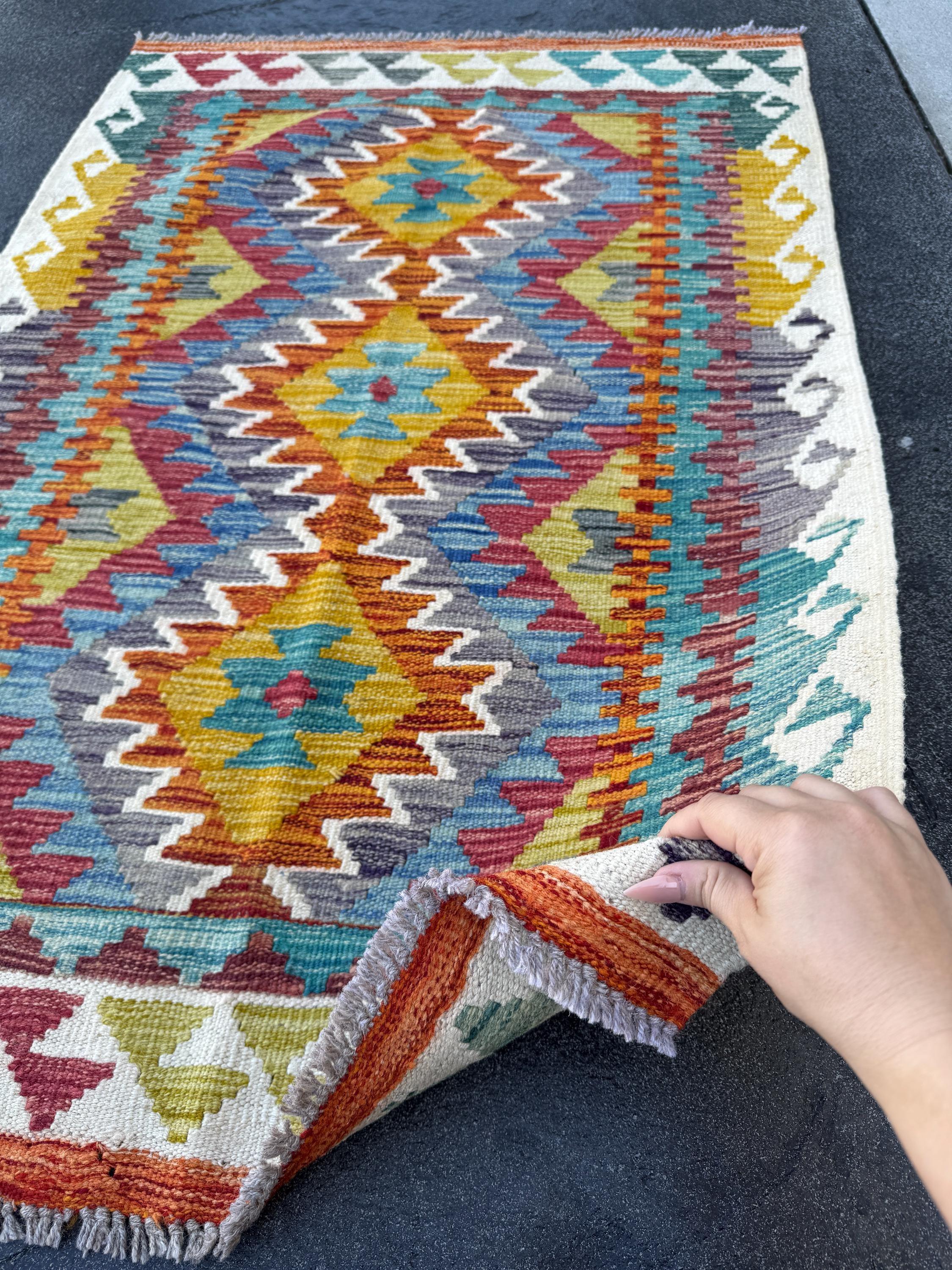 3x4 Handmade Afghan Kilim Rug | Cream Burnt Orange Teal Denim Blue Maroon Auburn Red Grey Purple Mustard Yellow Moss Olive Green | Wool