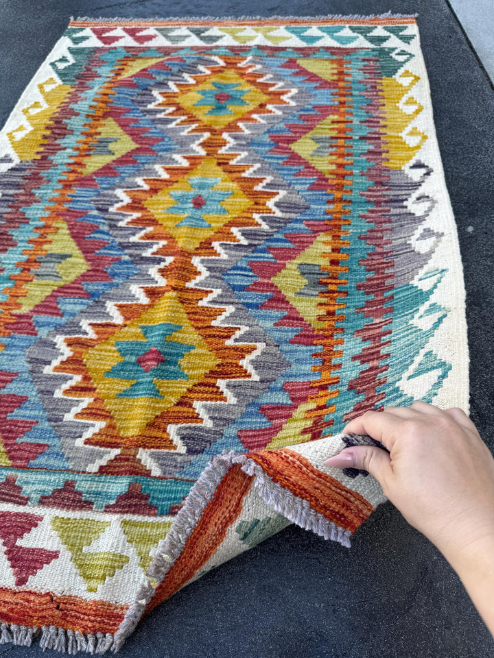 3x4 Handmade Afghan Kilim Rug | Cream Burnt Orange Teal Denim Blue Maroon Auburn Red Grey Purple Mustard Yellow Moss Olive Green | Wool