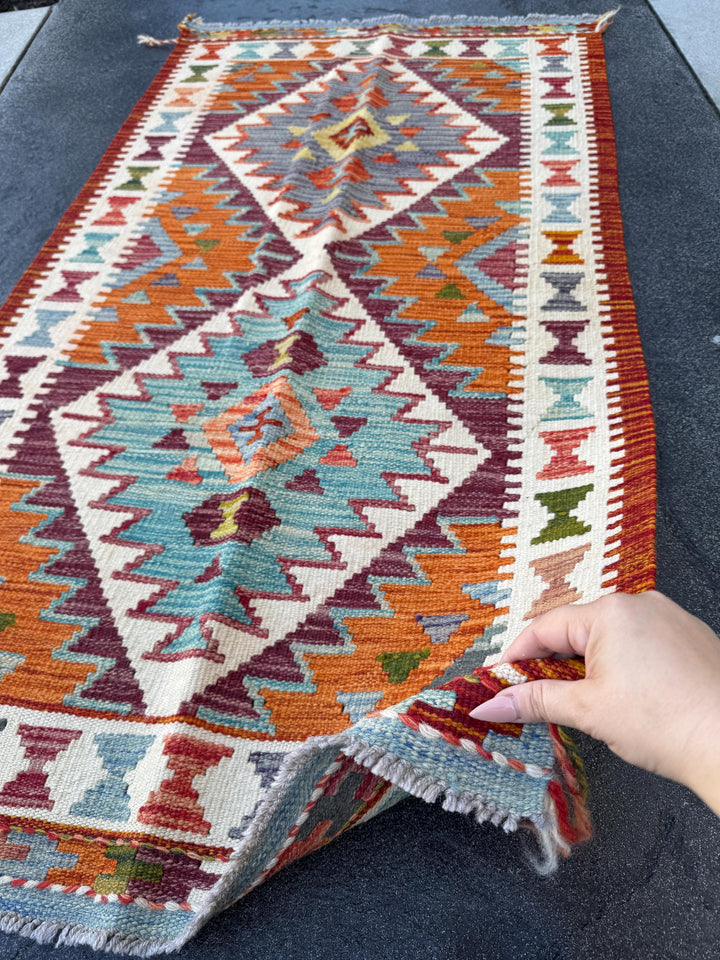 3x5 Handmade Afghan Kilim Rug | Burnt Peach Orange Cream Baby Aqua Prussian Blue Forest Moss Green Crimson Brick Red Purple Grey | Wool