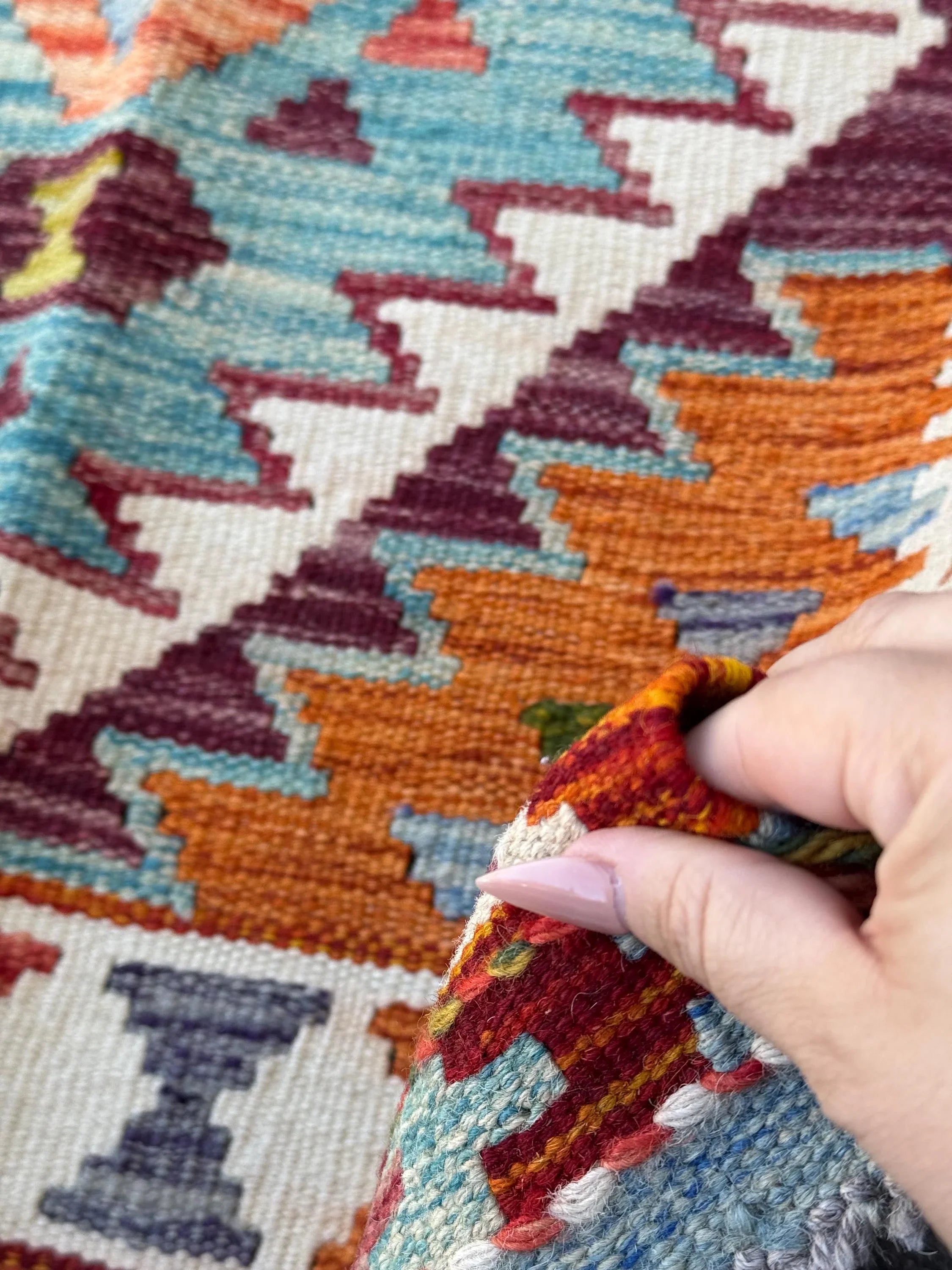 3x5 Handmade Afghan Kilim Rug | Burnt Peach Orange Cream Baby Aqua Prussian Blue Forest Moss Green Crimson Brick Red Purple Grey | Wool
