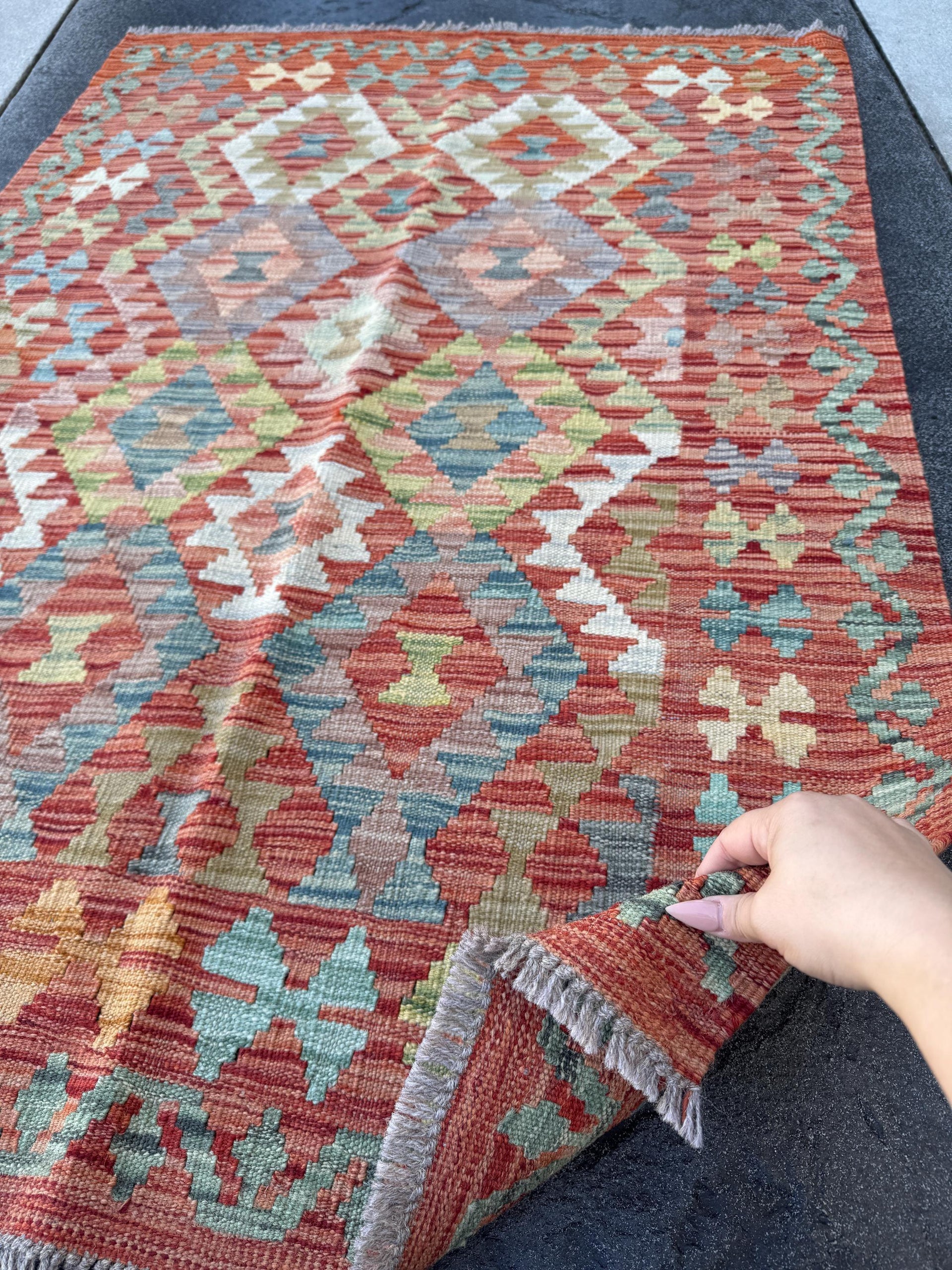 3x5 (91x152) Handmade Afghan Kilim Rug | Brick Red Burnt Peach Orange Moss Olive Green Aqua Denim Prussian Powder Blue | Wool Flatweave