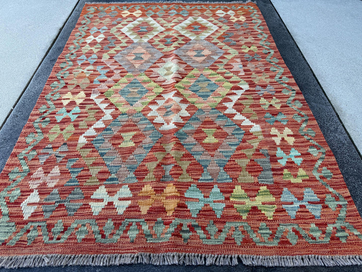 3x5 (91x152) Handmade Afghan Kilim Rug | Brick Red Burnt Peach Orange Moss Olive Green Aqua Denim Prussian Powder Blue | Wool Flatweave