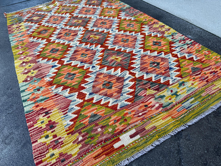 3x5 Handmade Afghan Kilim Rug | Chartreuse Moss Olive Green Auburn Red Denim Baby Blue Grey Cream Maroon Wine Red White | Wool Flatweave