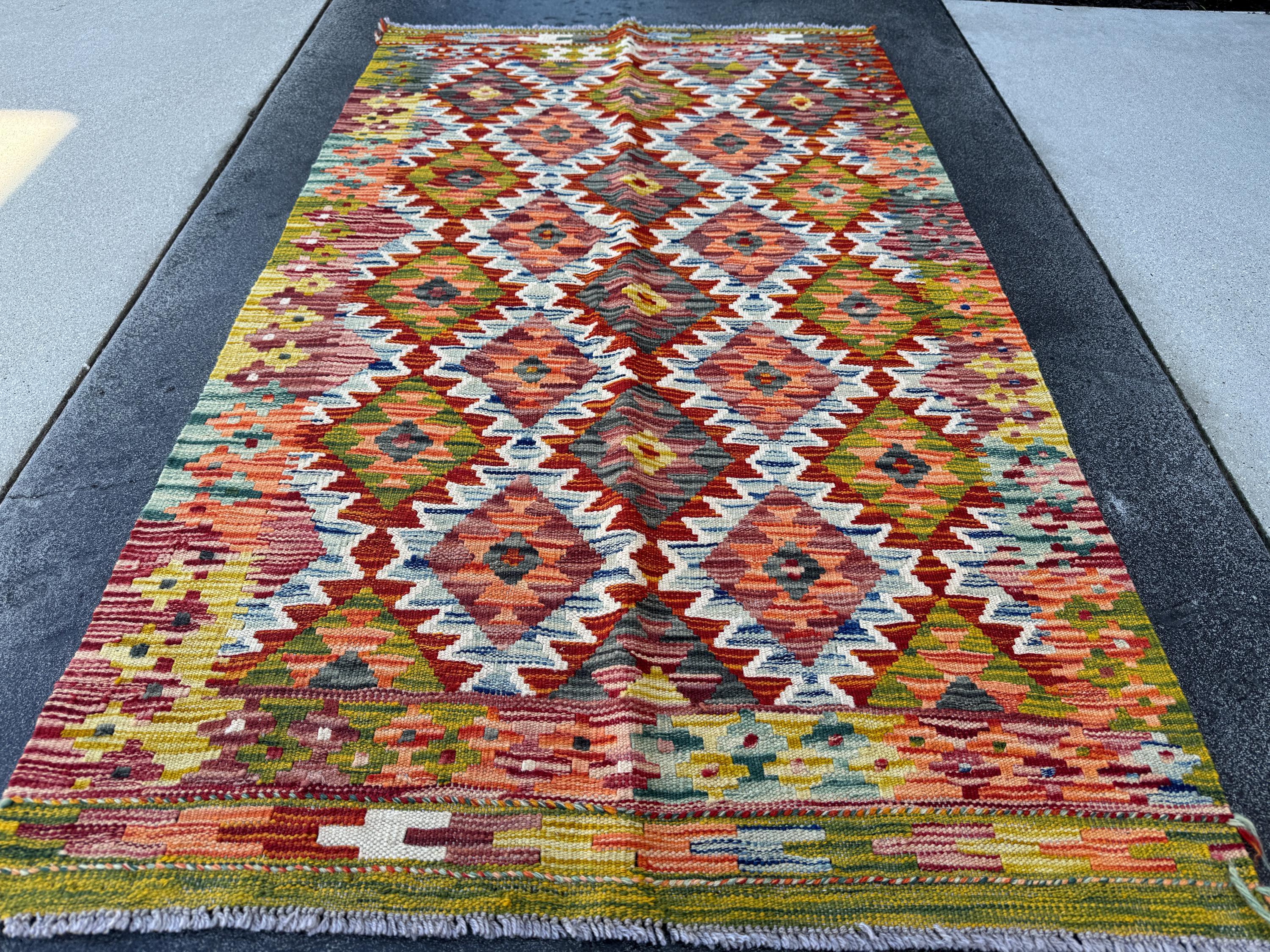 3x5 Handmade Afghan Kilim Rug | Chartreuse Moss Olive Green Auburn Red Denim Baby Blue Grey Cream Maroon Wine Red White | Wool Flatweave