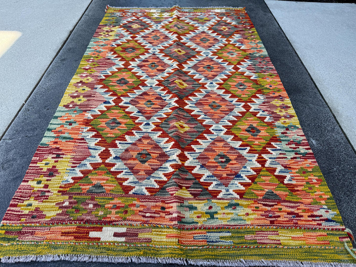 3x5 Handmade Afghan Kilim Rug | Chartreuse Moss Olive Green Auburn Red Denim Baby Blue Grey Cream Maroon Wine Red White | Wool Flatweave