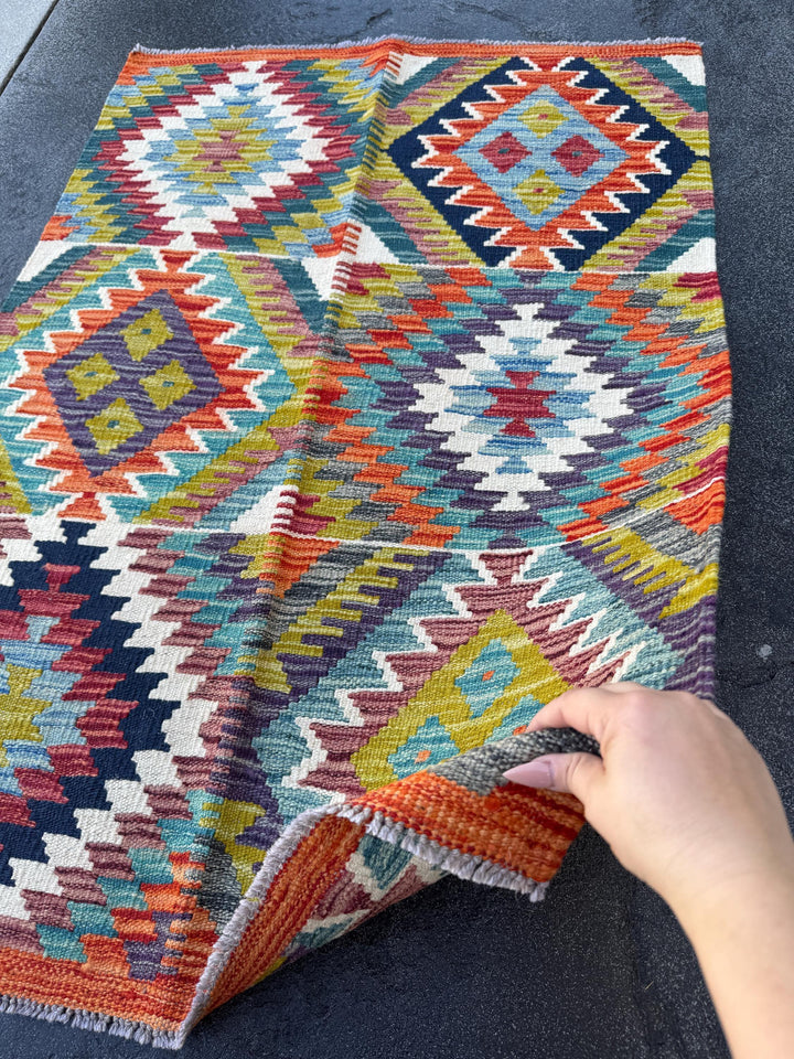 3x4 Handmade Afghan Kilim Rug | Moss Olive Chartreuse Green Teal Denim Prussian Navy Midnight Blue Cream White Orange Auburn Red Purple Grey