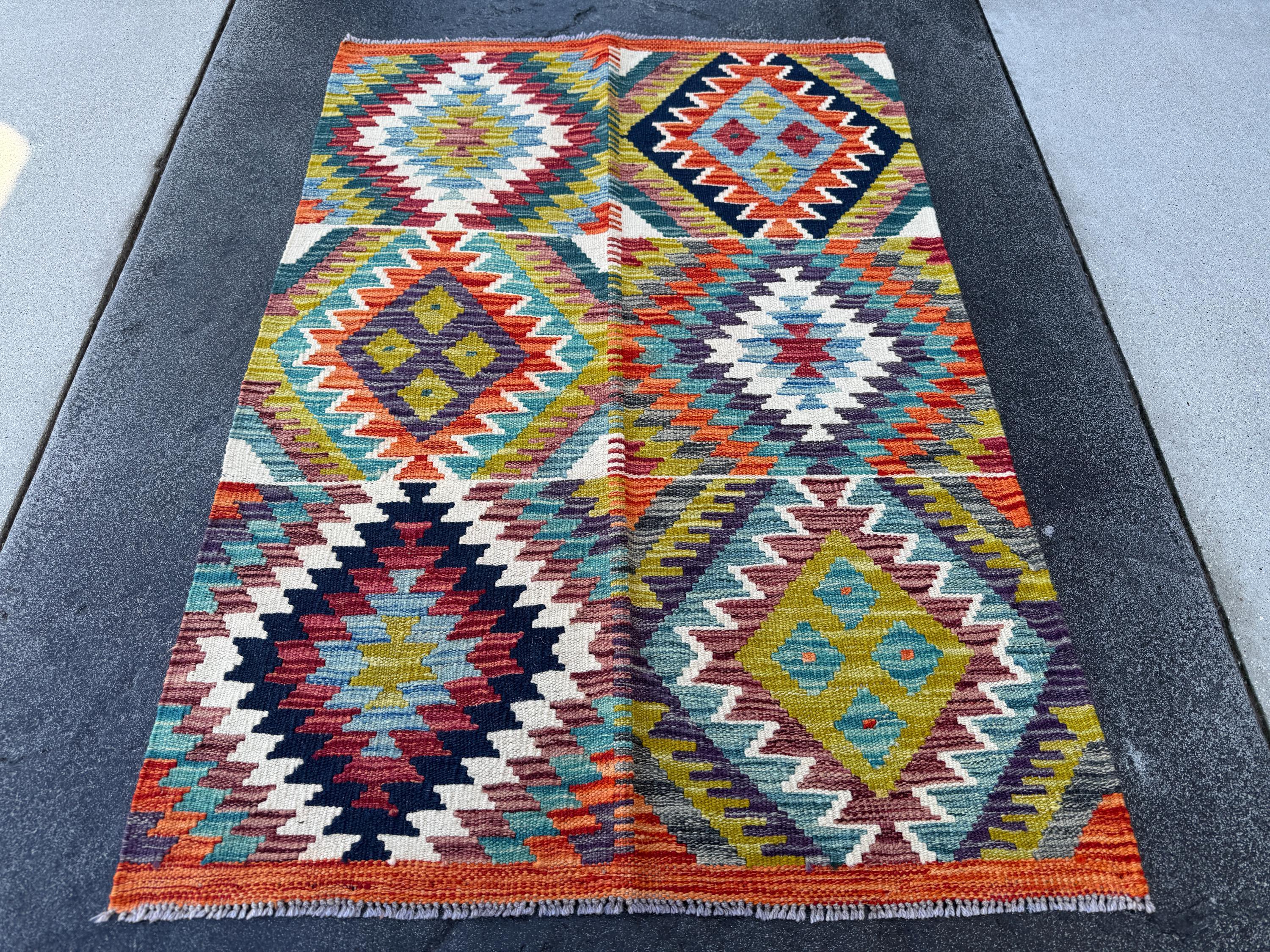 3x4 Handmade Afghan Kilim Rug | Moss Olive Chartreuse Green Teal Denim Prussian Navy Midnight Blue Cream White Orange Auburn Red Purple Grey