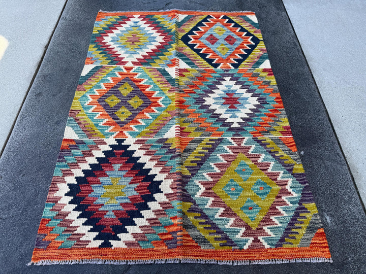 3x4 Handmade Afghan Kilim Rug | Moss Olive Chartreuse Green Teal Denim Prussian Navy Midnight Blue Cream White Orange Auburn Red Purple Grey