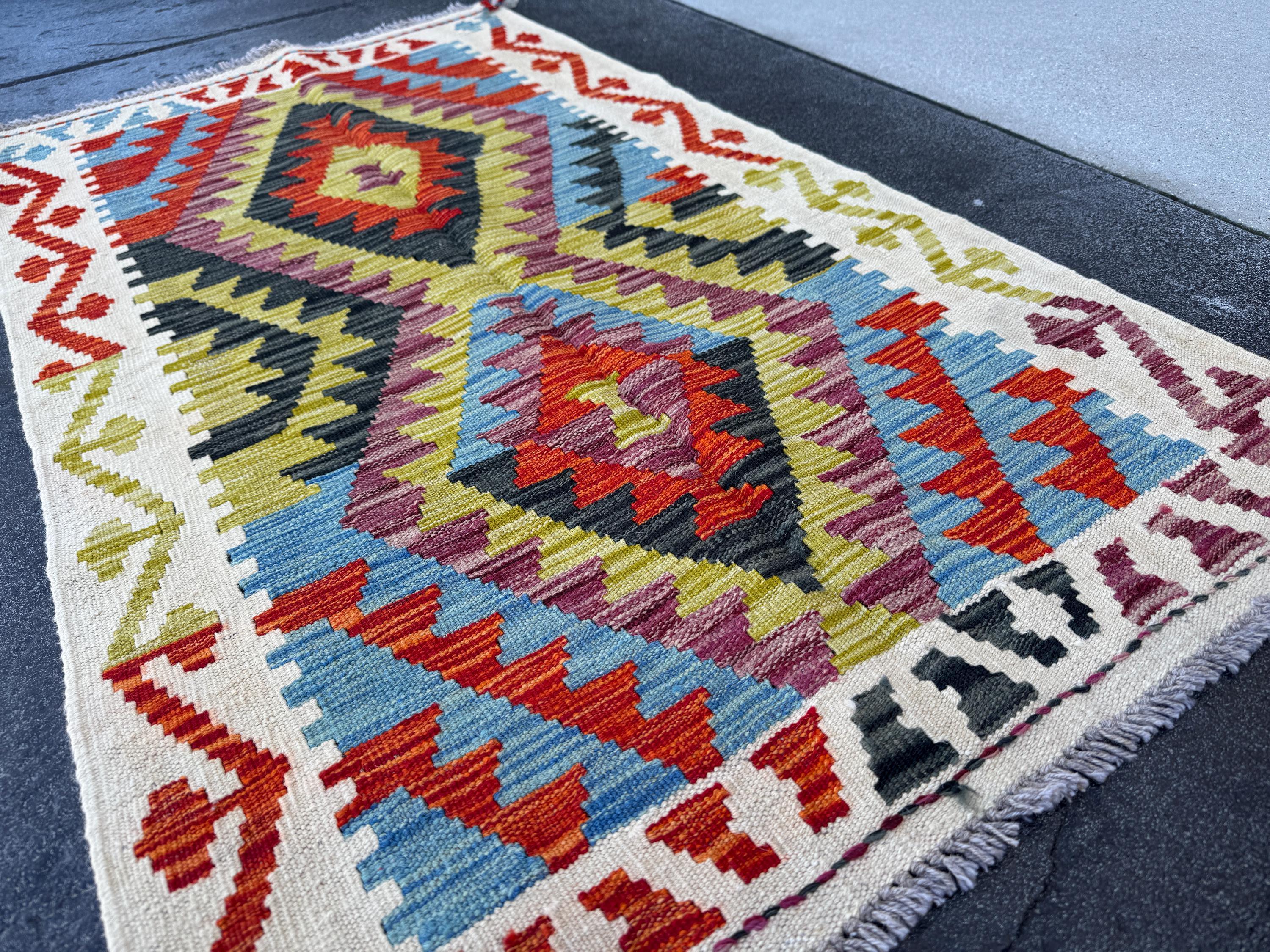 3x5 (91x152) Handmade Afghan Kilim Rug | Cream Olive Moss Green Grey Black Orange Denim Blue Maroon Wine Red | Wool Flatweave Reversible