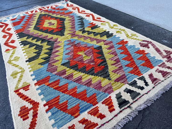 3x5 (91x152) Handmade Afghan Kilim Rug | Cream Olive Moss Green Grey Black Orange Denim Blue Maroon Wine Red | Wool Flatweave Reversible