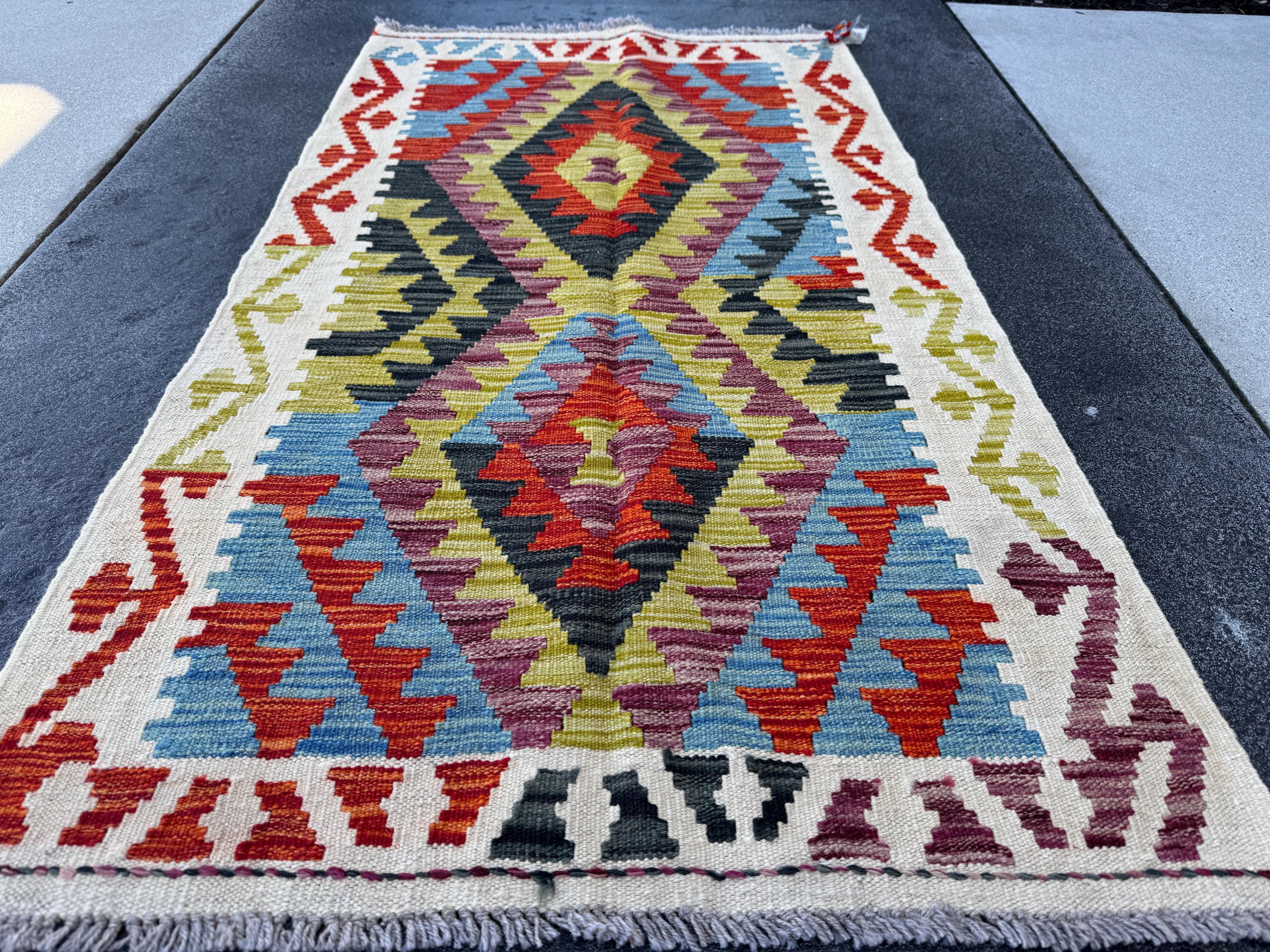 3x5 (91x152) Handmade Afghan Kilim Rug | Cream Olive Moss Green Grey Black Orange Denim Blue Maroon Wine Red | Wool Flatweave Reversible