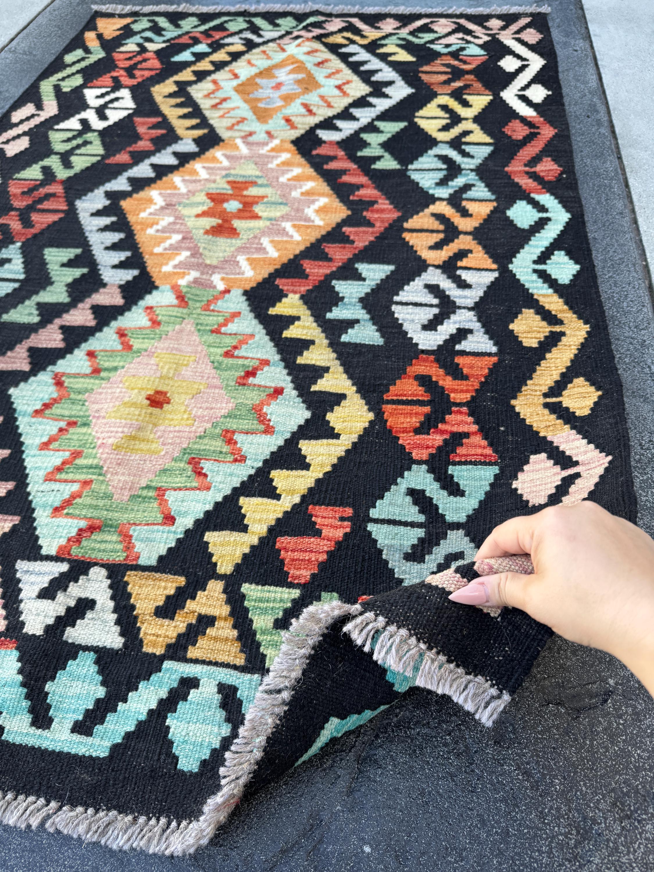 3x5 Handmade Afghan Kilim Rug | Black Yellow Saffron Peach Orange Scarlet Red Coral Blush Pink Aqua Baby Powder Blue Lime Green Cream | Wool