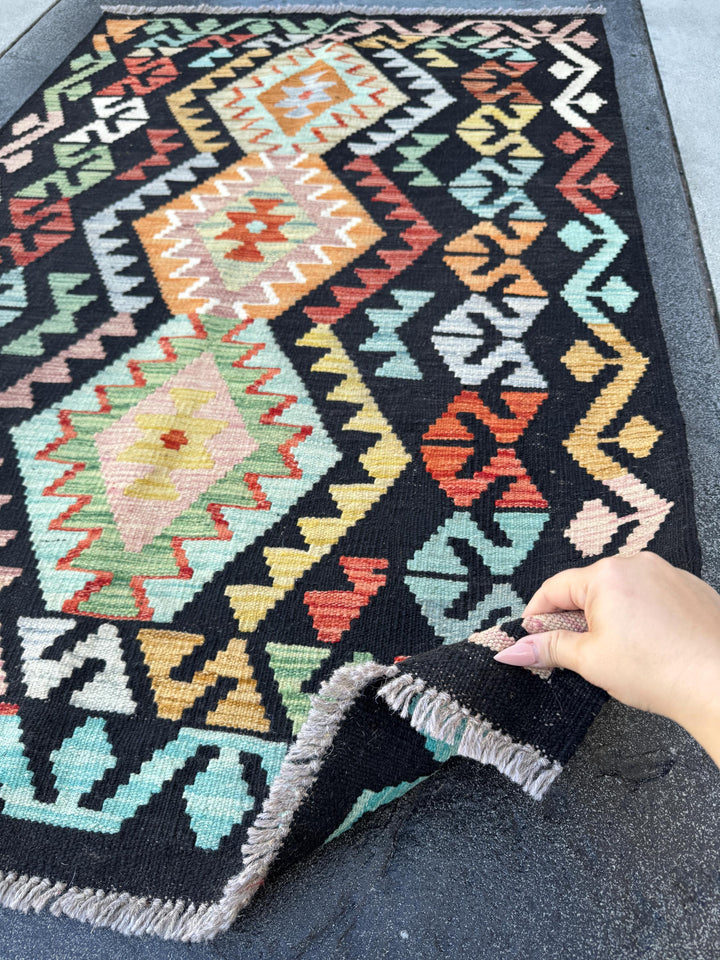 3x5 Handmade Afghan Kilim Rug | Black Yellow Saffron Peach Orange Scarlet Red Coral Blush Pink Aqua Baby Powder Blue Lime Green Cream | Wool