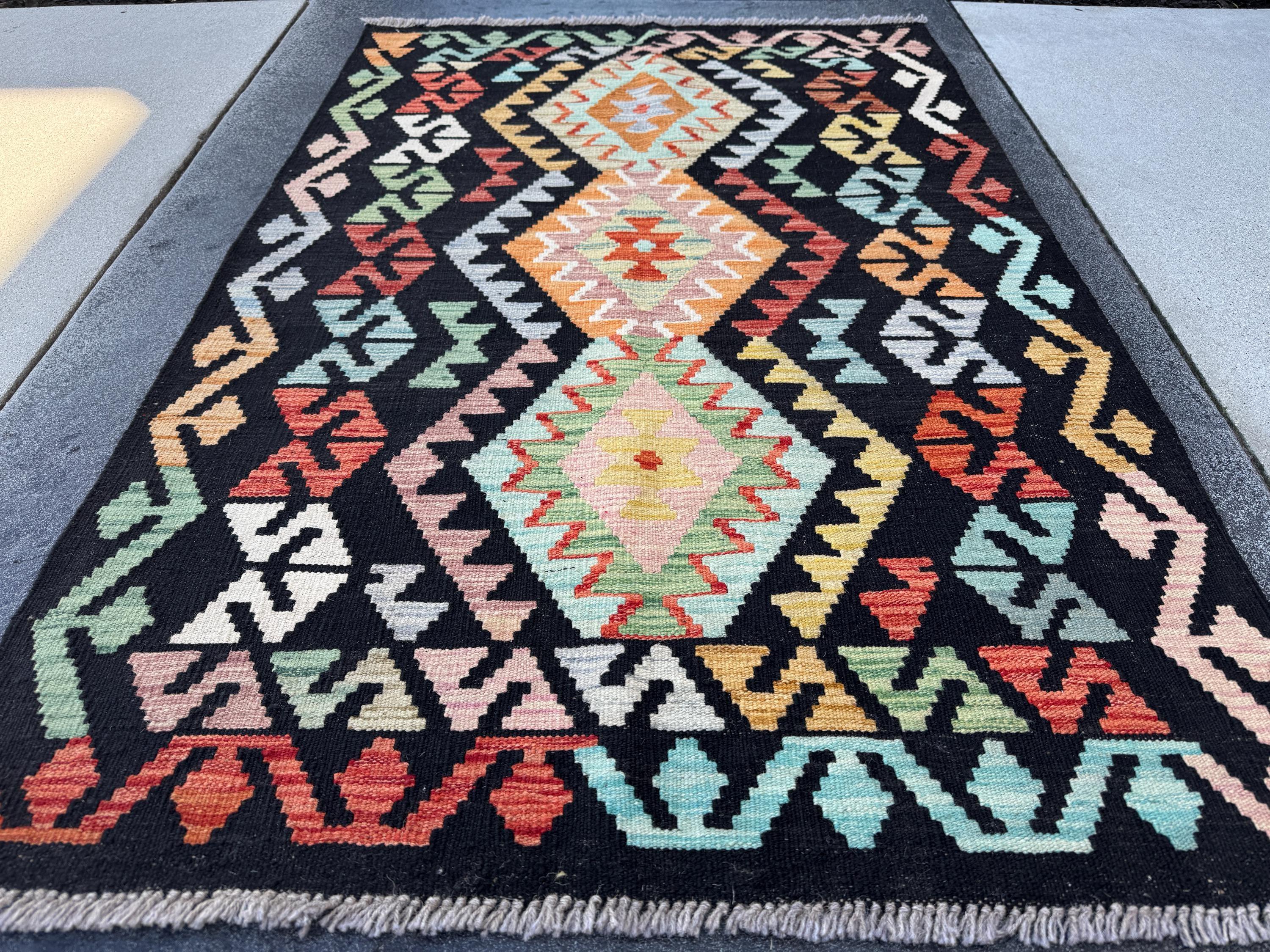3x5 Handmade Afghan Kilim Rug | Black Yellow Saffron Peach Orange Scarlet Red Coral Blush Pink Aqua Baby Powder Blue Lime Green Cream | Wool