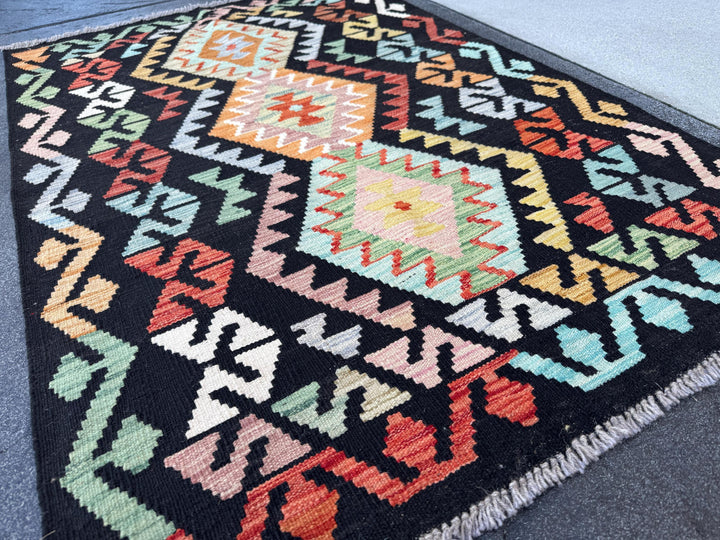 3x5 Handmade Afghan Kilim Rug | Black Yellow Saffron Peach Orange Scarlet Red Coral Blush Pink Aqua Baby Powder Blue Lime Green Cream | Wool