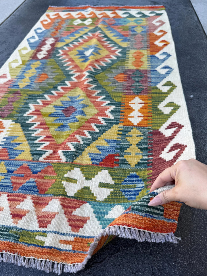 3x5 (91x152) Handmade Afghan Kilim Rug | Cream Forest Pine Moss Green Teal Aqua Denim Blue Orange Mustard Brick Auburn Maroon Red | Wool