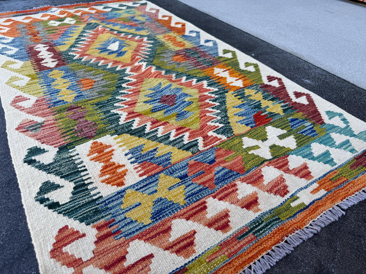 3x5 (91x152) Handmade Afghan Kilim Rug | Cream Forest Pine Moss Green Teal Aqua Denim Blue Orange Mustard Brick Auburn Maroon Red | Wool