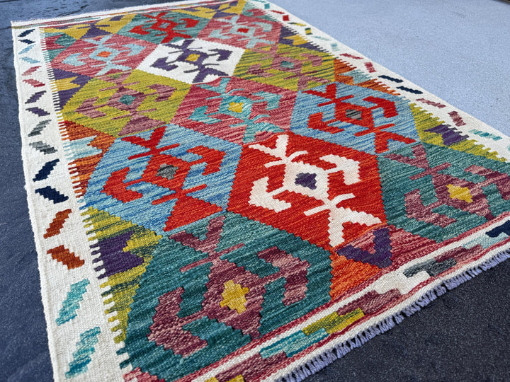 3x5 Handmade Afghan Kilim Rug | Cream Teal Denim Blue Eggplant Purple Moss Chartreuse Green Maroon Burgundy Crimson Brick Red Gold | Wool