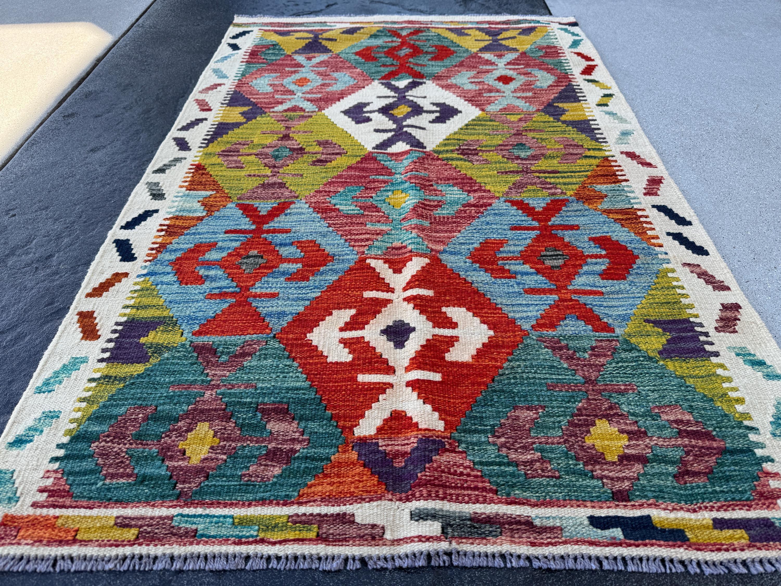 3x5 Handmade Afghan Kilim Rug | Cream Teal Denim Blue Eggplant Purple Moss Chartreuse Green Maroon Burgundy Crimson Brick Red Gold | Wool