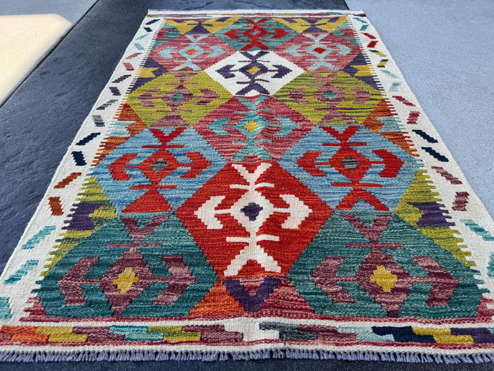 3x5 Handmade Afghan Kilim Rug | Cream Teal Denim Blue Eggplant Purple Moss Chartreuse Green Maroon Burgundy Crimson Brick Red Gold | Wool