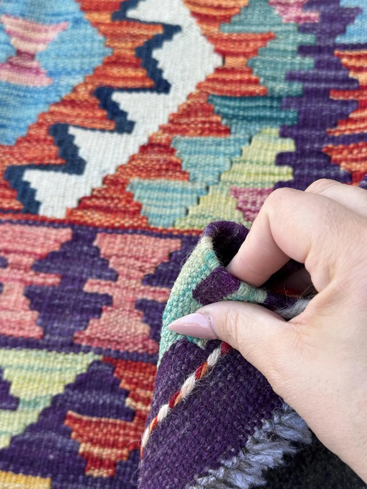 2-3x5 Handmade Afghan Kilim Rug | Purple Cream White Orange Crimson Brick Red Mustard Yellow Mint Forest Green Grey Aqua Baby Teal Denim